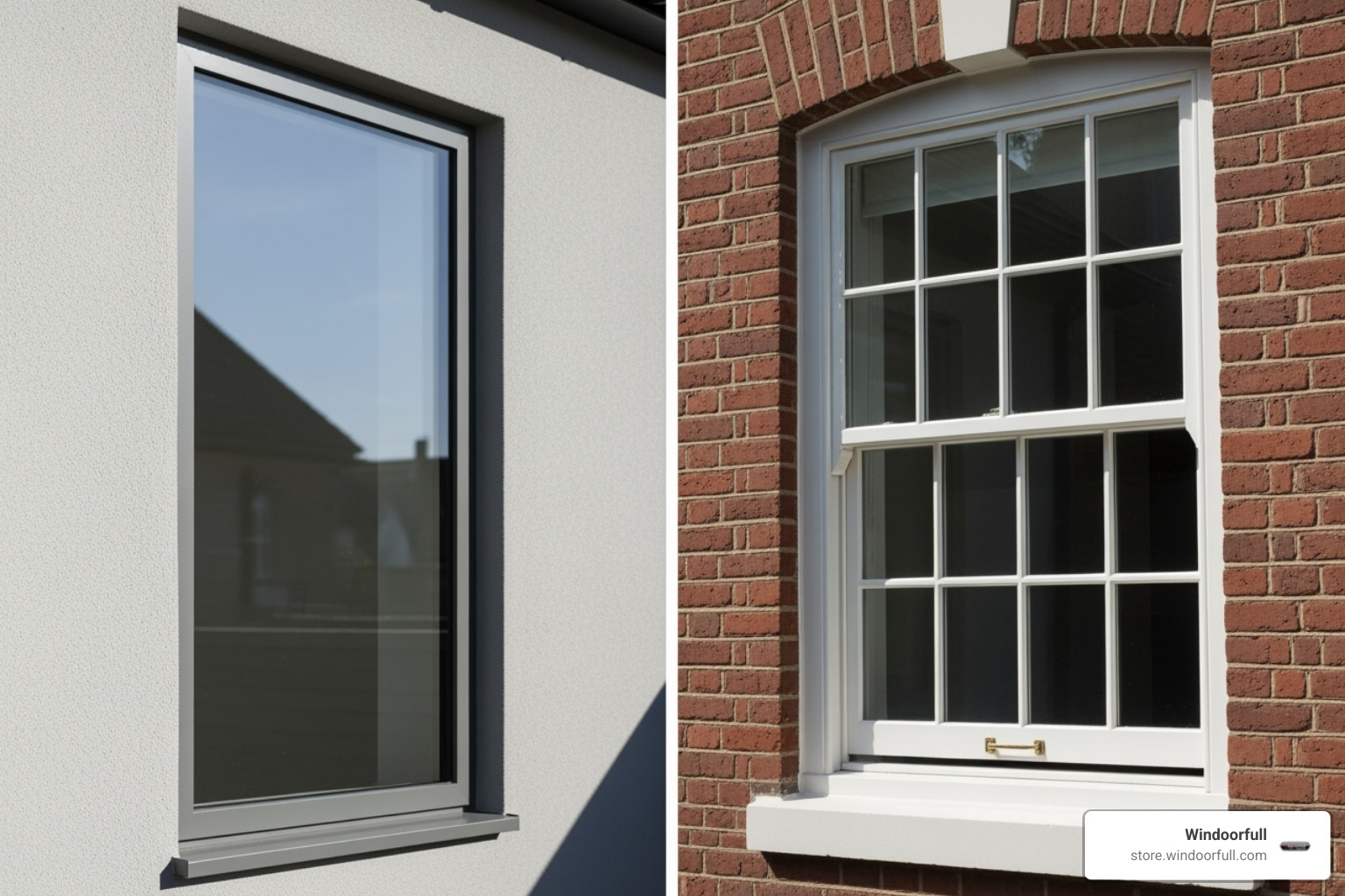 A side-by-side comparison of a sleek euro window on the left, featuring clean lines and a larger glass surface, and a traditional double-hung window on the right, with a more segmented appearance and visible hardware. - euro windows