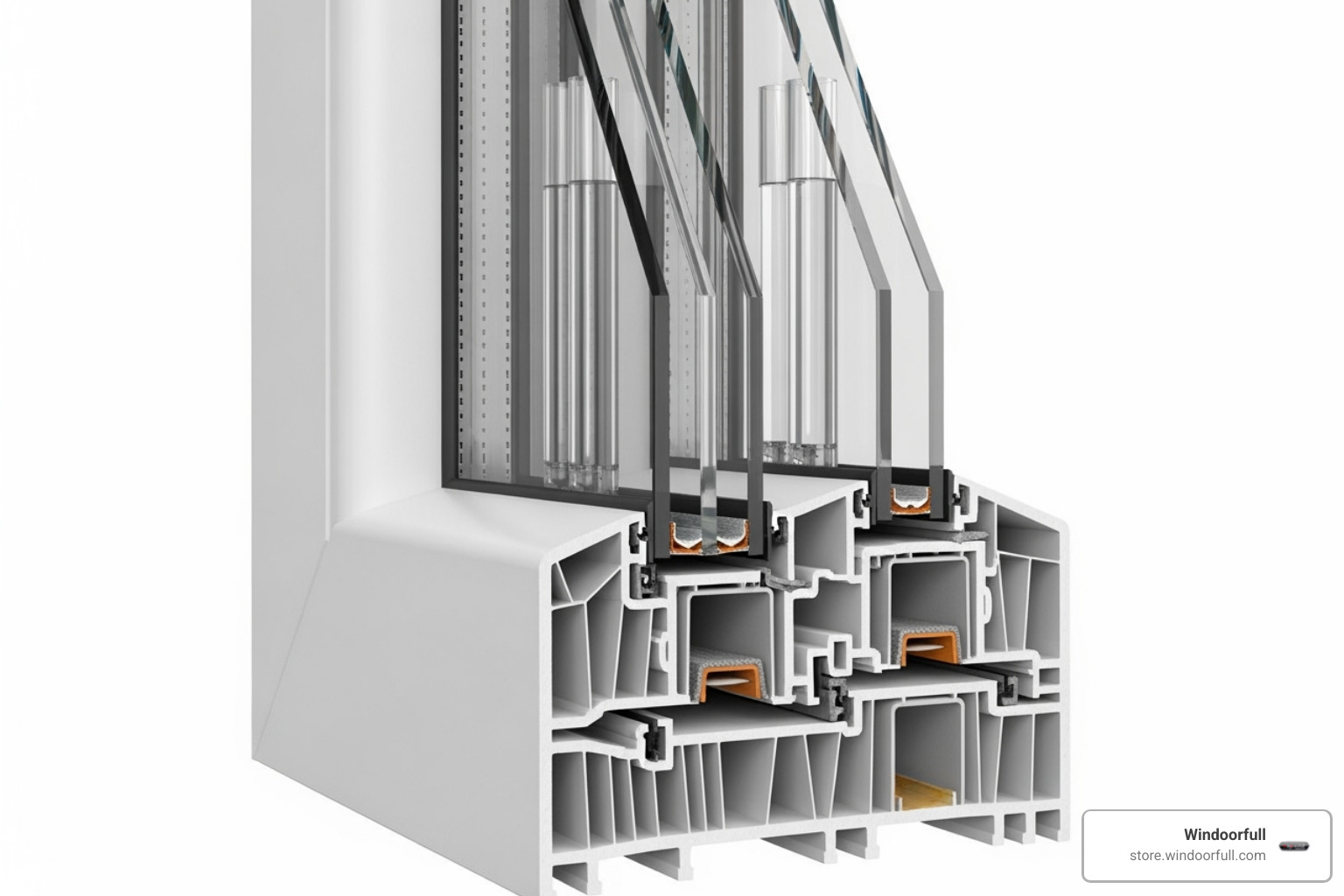 Cross-section of a multi-chambered uPVC frame with triple-pane glass - Tilt turn windows
