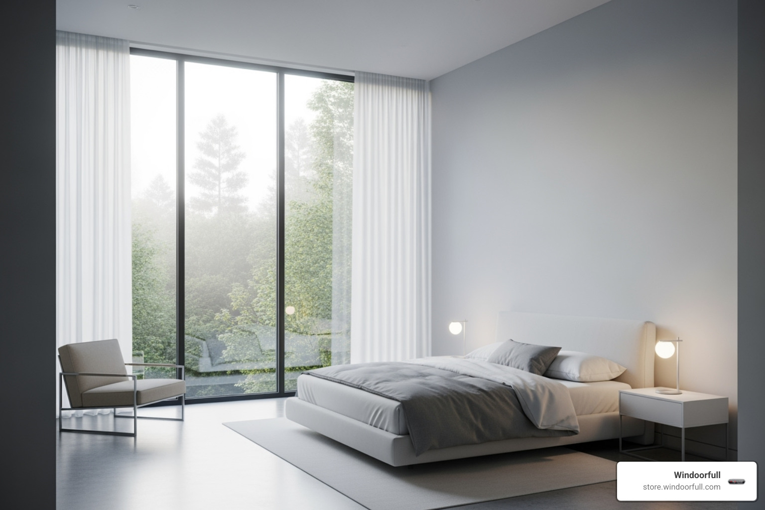 A quiet, serene bedroom with euro windows, implying noise reduction. The room is softly lit, and the windows feature a sleek, minimalist design, enhancing the sense of peace. - euro windows
