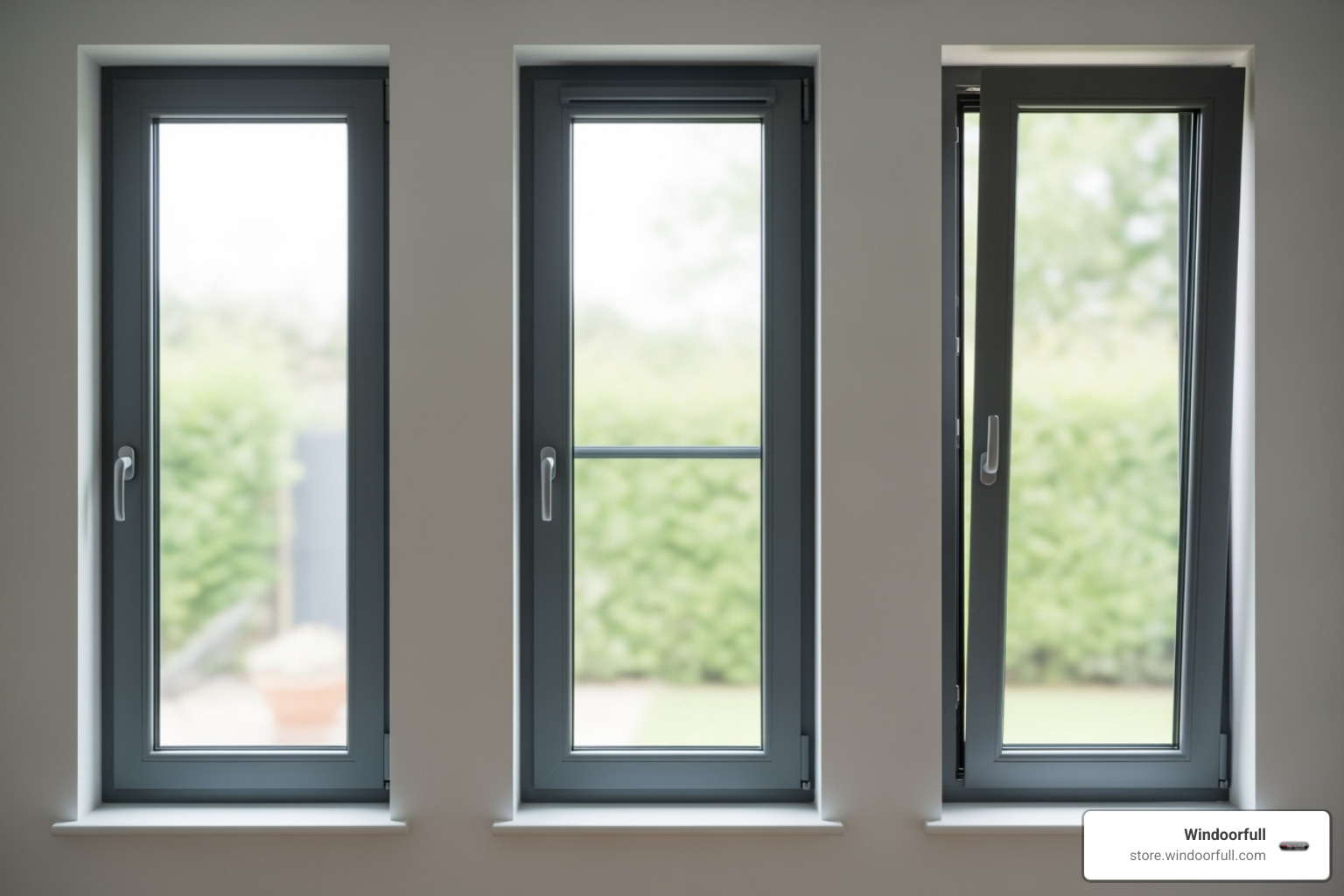 A single tilt-turn window shown in three states: closed, tilted inwards, and swung open like a door - Tilt turn windows