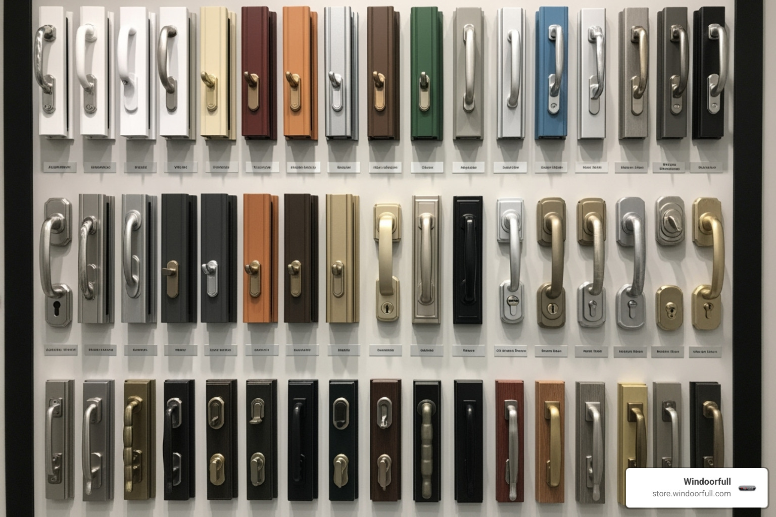 A palette of different window frame colors and hardware finishes - Tilt turn windows