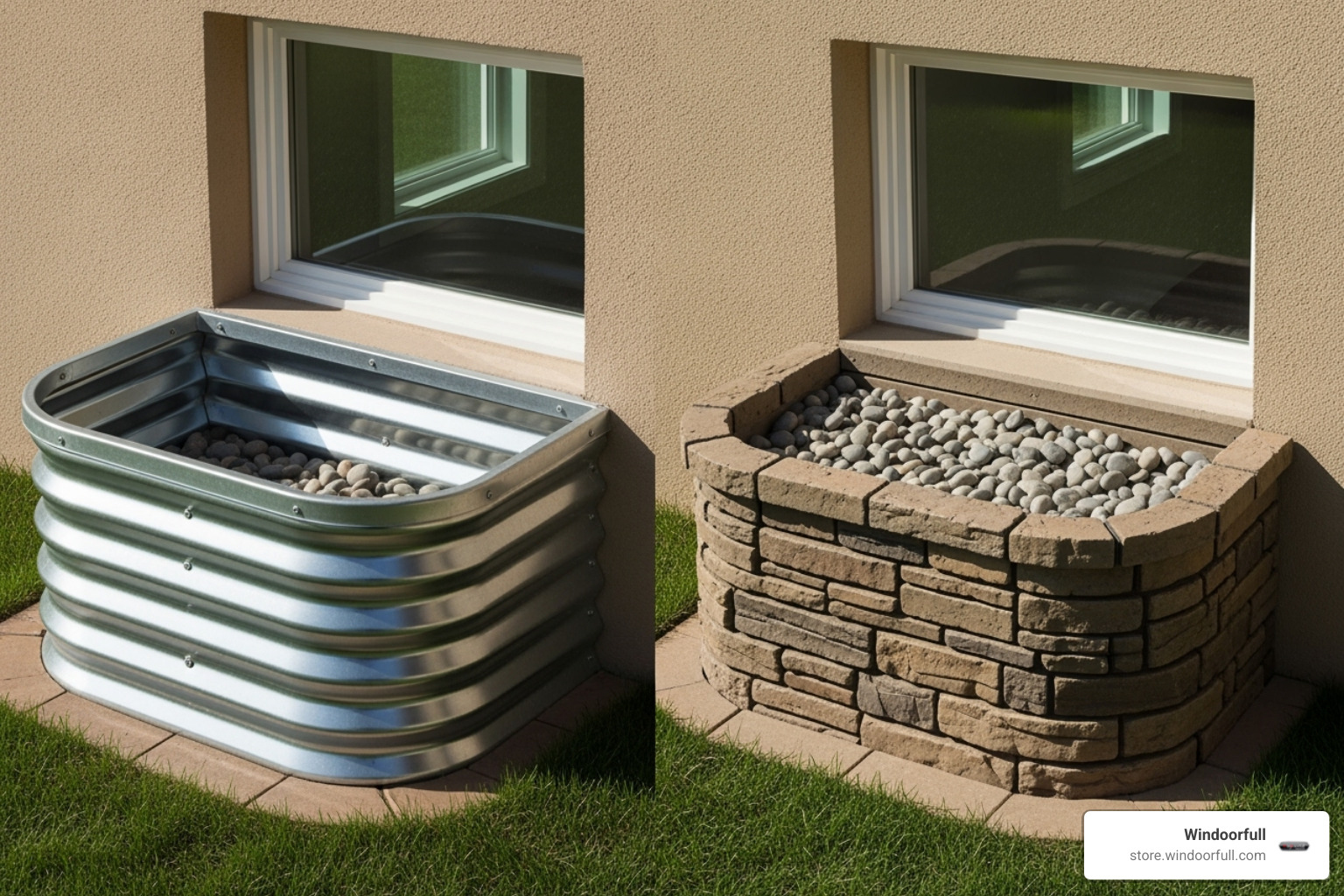 Galvanized steel and composite stone-look window wells - 36 inch window well