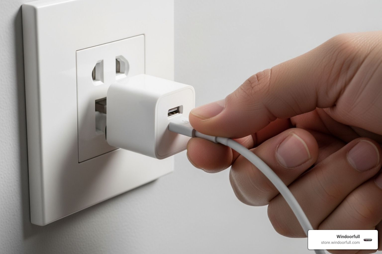 A hand unplugging a phone charger from a wall socket. - Reduce energy bills