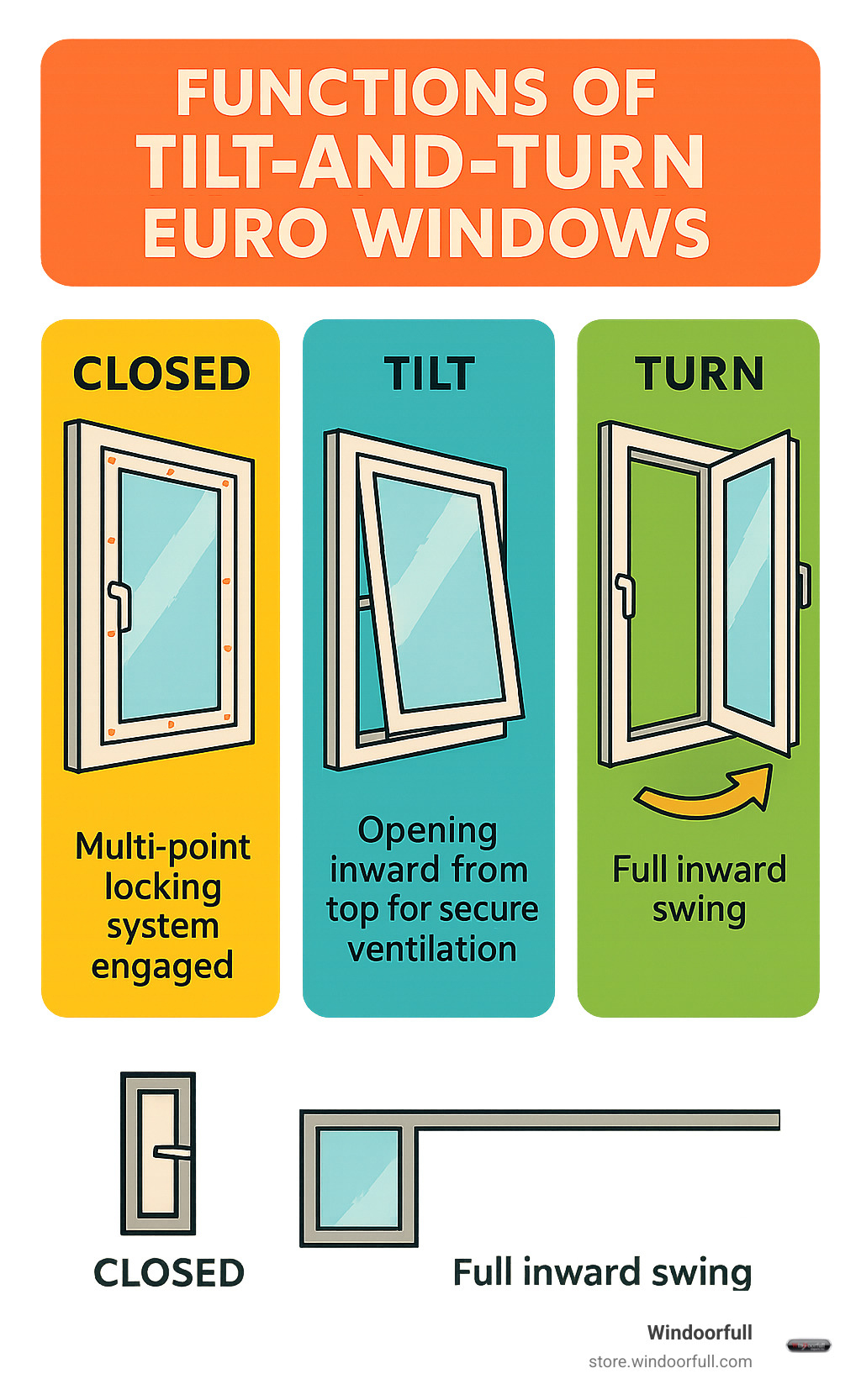 Detailed infographic showing the three primary functions of tilt-and-turn euro windows: closed position with multi-point locking system engaged, tilt position with window opening inward from top for secure ventilation, and turn position with full inward swing for easy cleaning and emergency egress access - euro windows infographic 