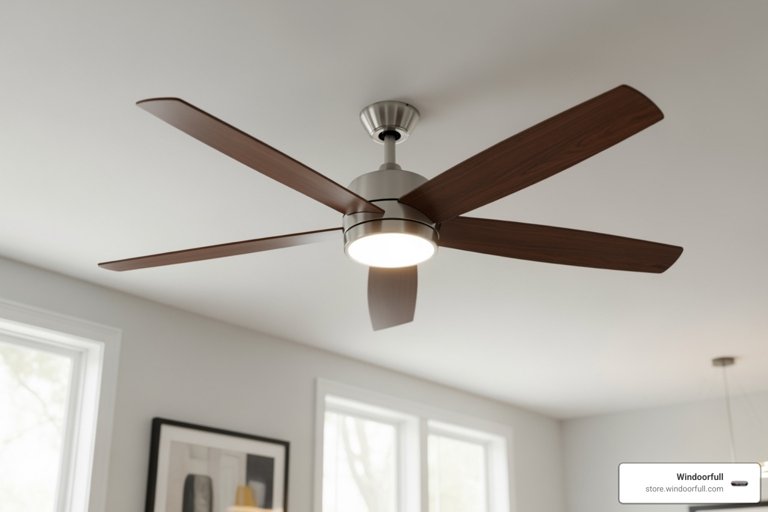 A ceiling fan with arrows showing summer (counter-clockwise) and winter (clockwise) rotation. - Reduce energy bills