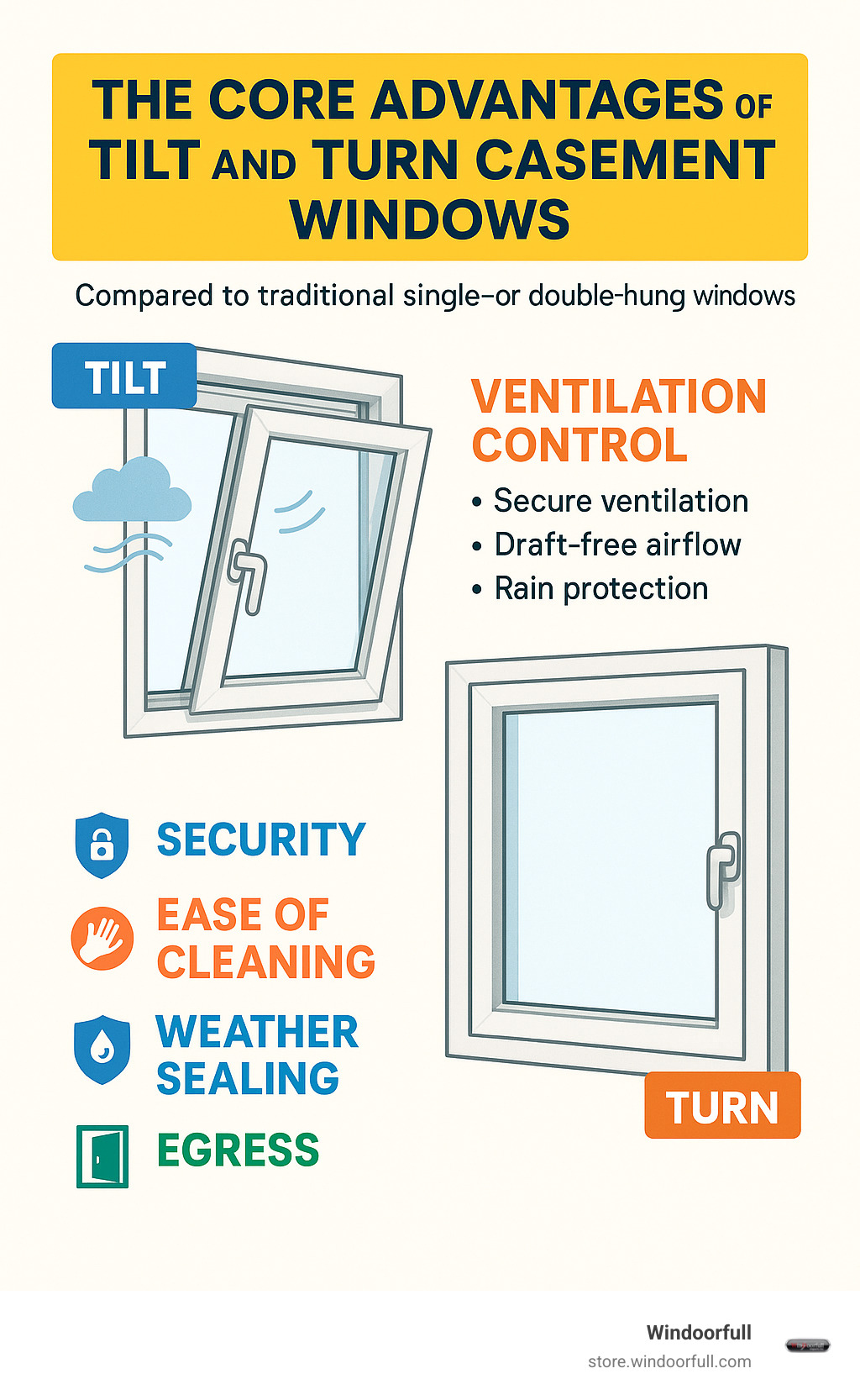Infographic highlighting how tilt and turn windows provide superior ventilation control, security, ease of cleaning, weather sealing, and egress compared to traditional single- or double-hung windows - tilt and turn casement windows infographic 
