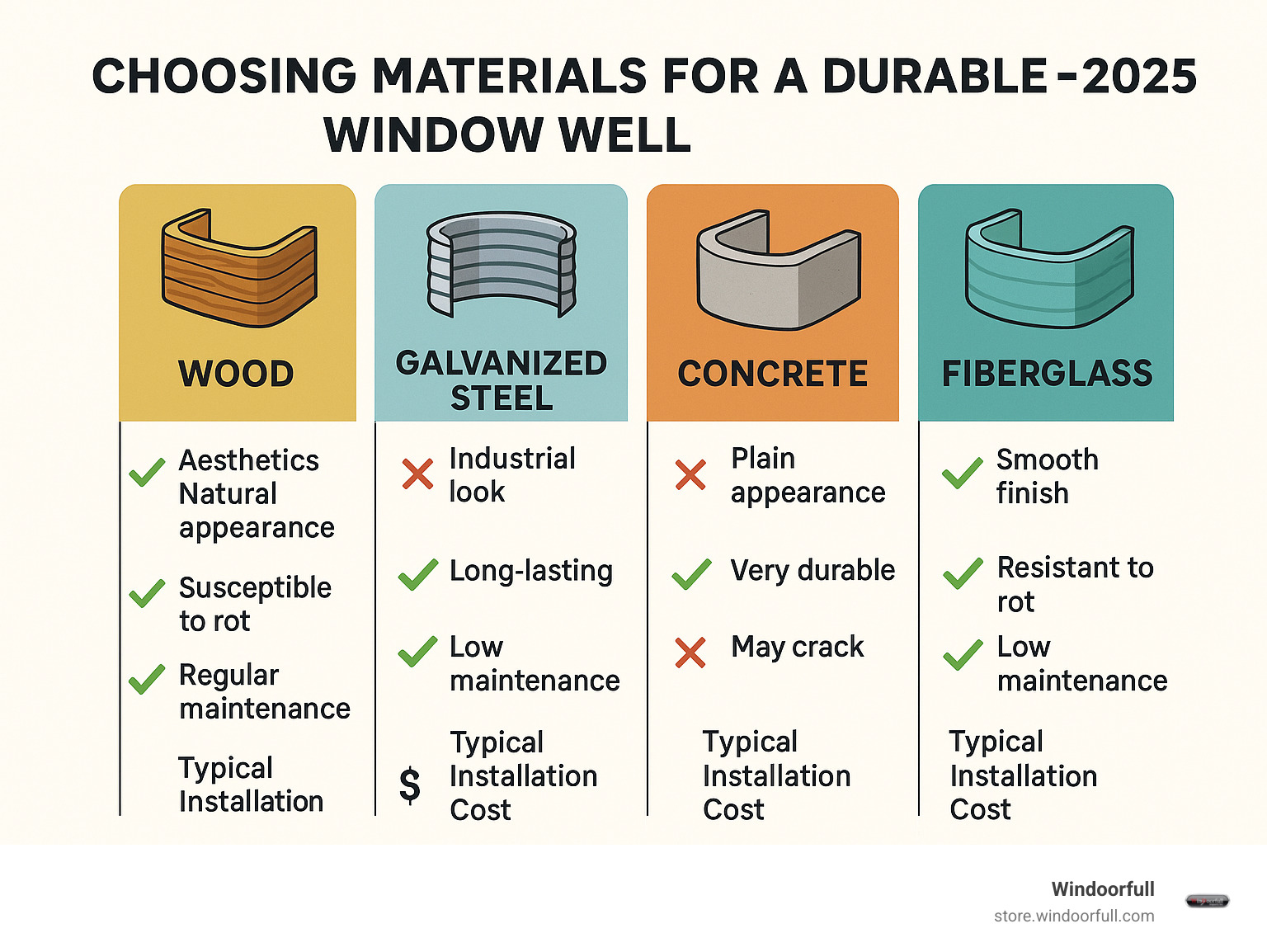 Infographic comparing window well materials: wood, galvanized steel, concrete, and fiberglass, based on aesthetics, durability, maintenance, and typical installation cost, with pros and cons for each - window well wood infographic 