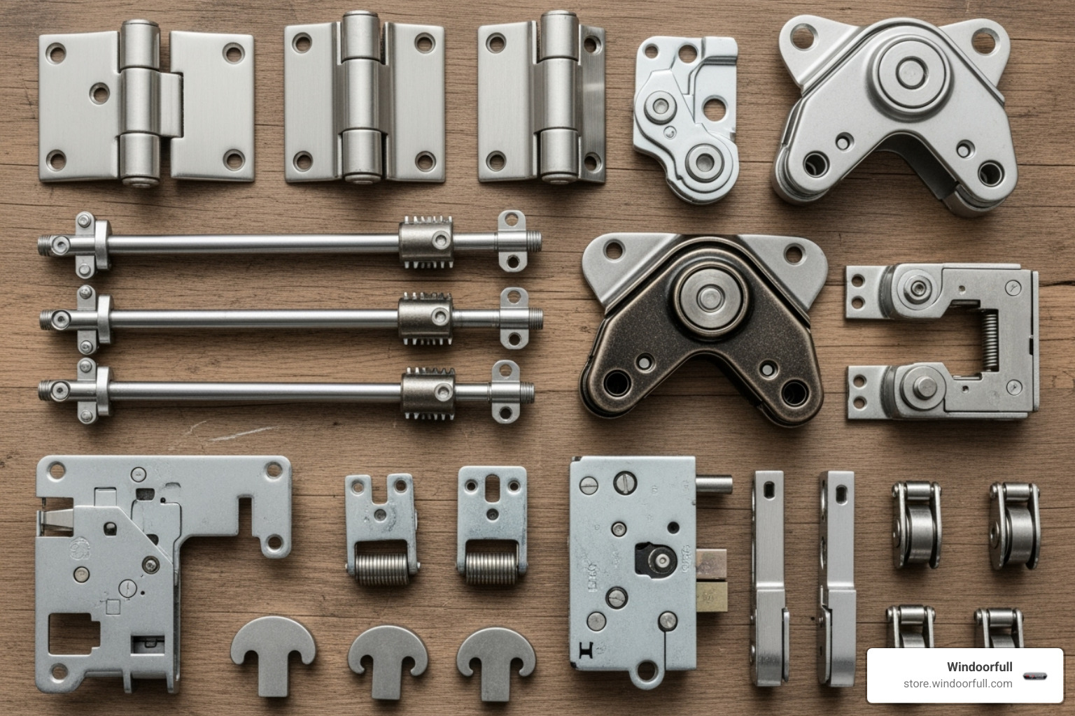 Internal hardware components of a tilt and turn window laid out on a surface - Tilt turn hardware