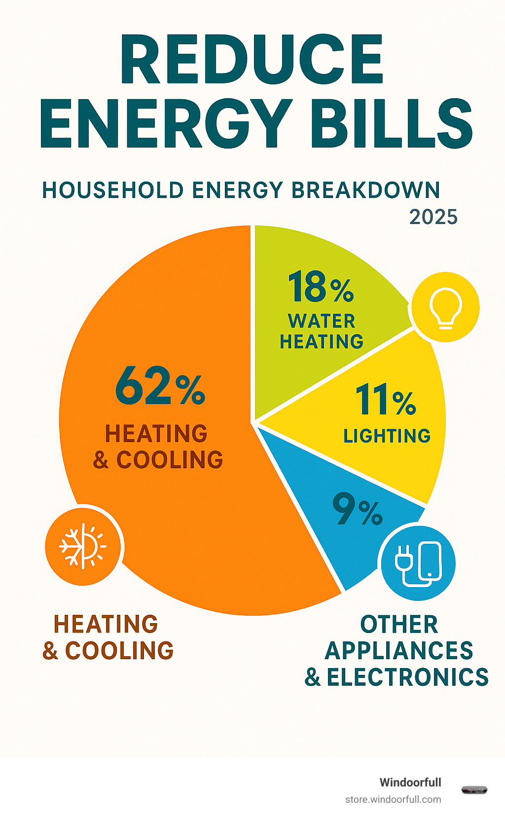 Infographic showing household energy breakdown: 62% heating and cooling, 18% water heating, 11% lighting, 9% other appliances and electronics - Reduce energy bills infographic 