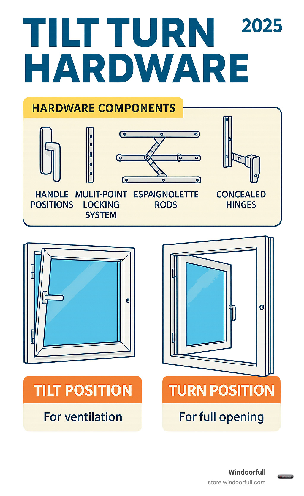 Detailed infographic showing tilt turn hardware components including handle positions, multi-point locking system, espagnolette rods, corner drives, concealed hinges, and the two operating modes - tilt position for ventilation and turn position for full opening - Tilt turn hardware infographic 