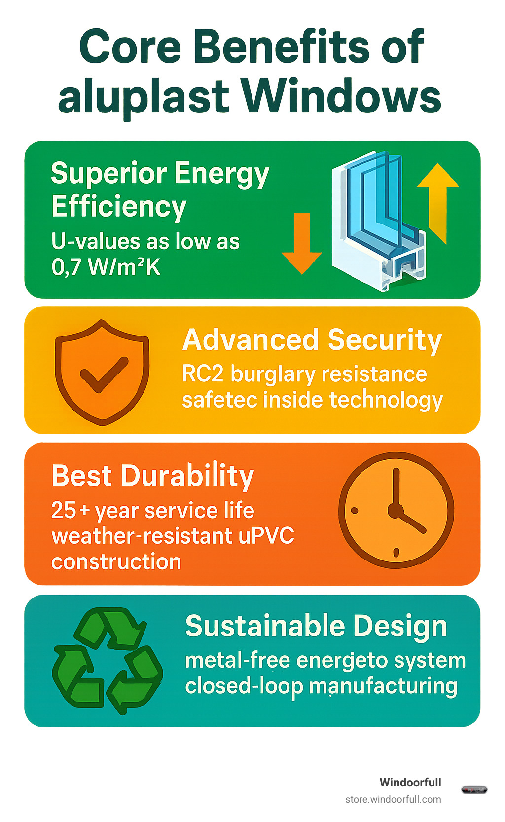 Core benefits of aluplast windows: Superior Energy Efficiency with U-values as low as 0.7W/m²K, Advanced Security featuring RC2 burglary resistance and safetec inside technology, Best Durability with 25+ year service life and weather-resistant uPVC construction, and Sustainable Design including metal-free energeto system and closed-loop manufacturing - aluplast windows infographic 