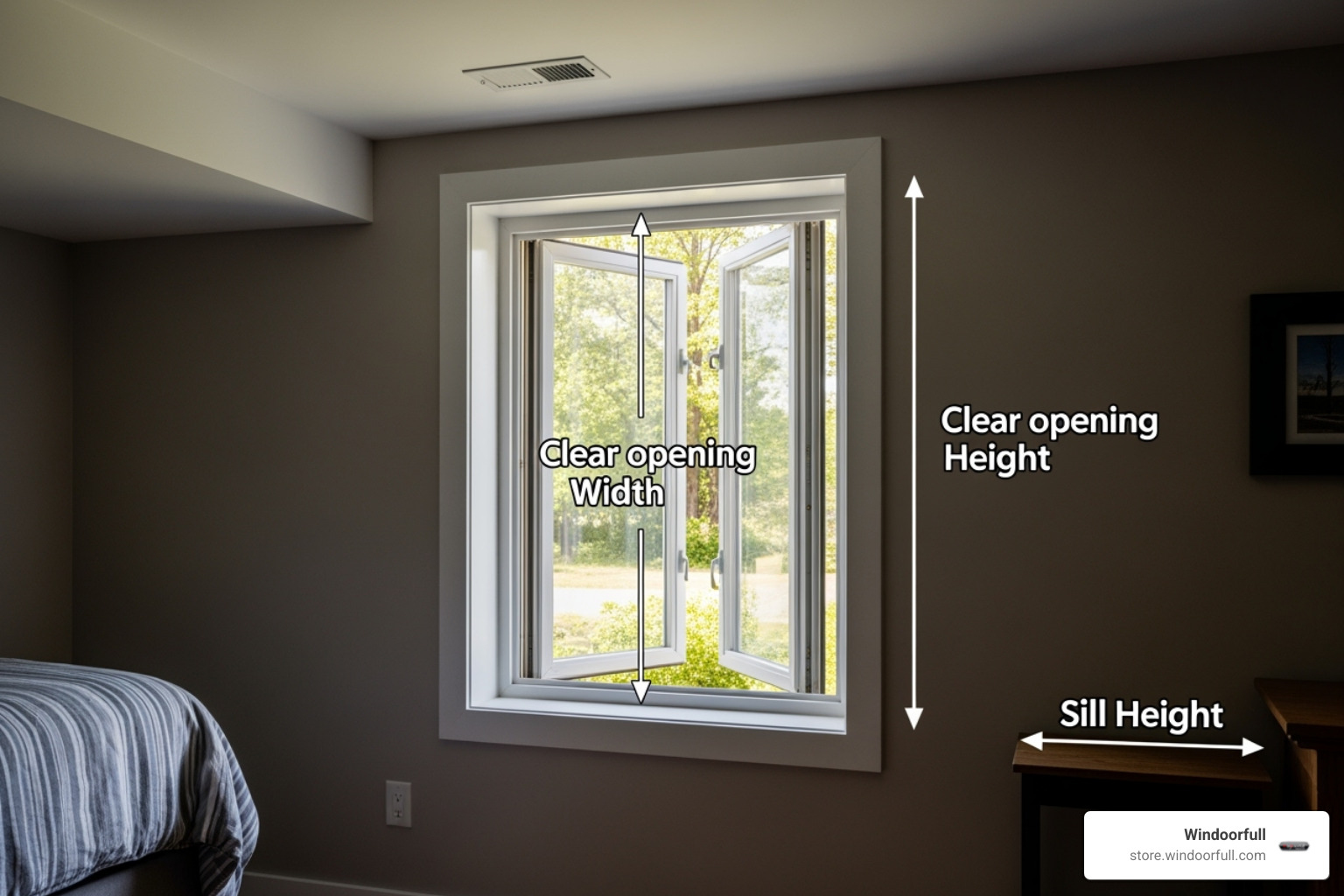 illustrating the measurements for clear opening width, height, and sill height - 36 egress window