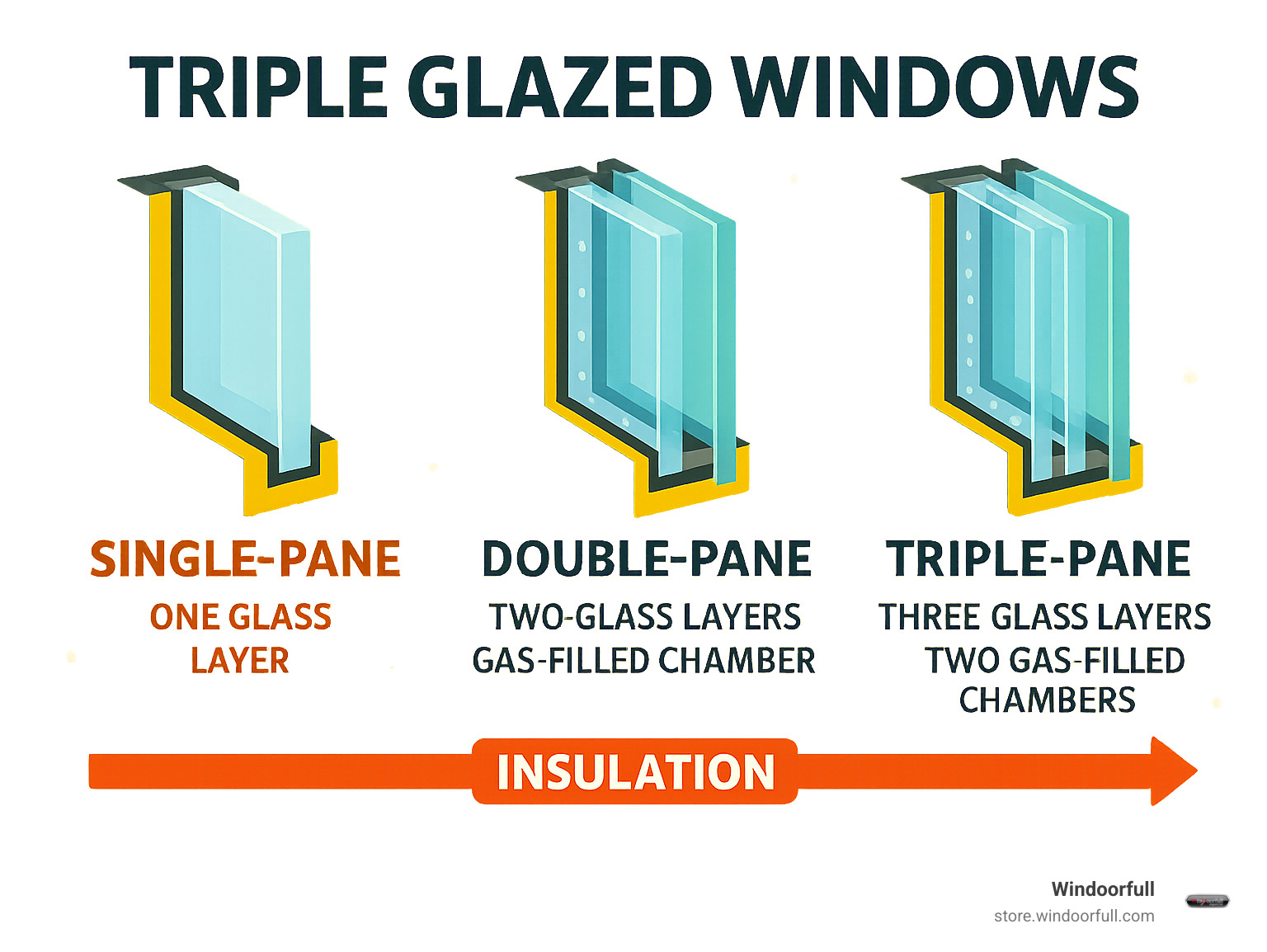 Infographic showing cross-section comparison of single-pane window with one glass layer, double-pane window with two glass layers and one gas-filled chamber, and triple-pane window with three glass layers and two gas-filled chambers, highlighting the progressive improvement in insulation barriers - Triple glazed windows infographic 