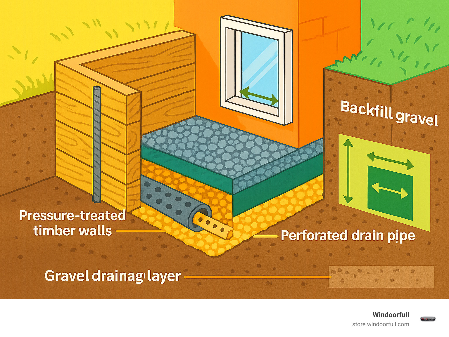 Detailed cross-section infographic showing window well wood construction components: pressure-treated timber walls stacked and secured with rebar, gravel drainage layer at base, perforated drain pipe, geotextile fabric separation, backfill gravel, foundation wall attachment points, and egress window opening with minimum dimension requirements - window well wood infographic 