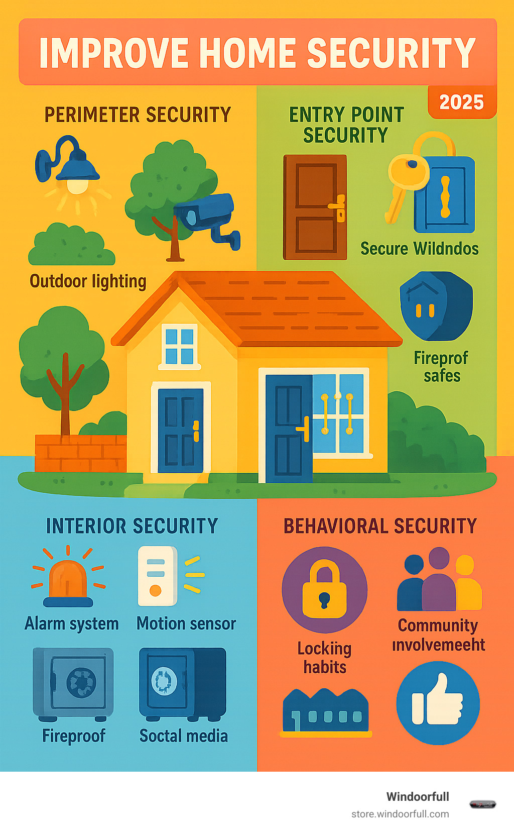 Comprehensive home security layers infographic showing four main categories: Perimeter Security (outdoor lighting, trimmed landscaping, visible deterrents), Entry Point Security (reinforced doors, upgraded locks, secure windows with multi-point locking), Interior Security (alarm systems, motion sensors, fireproof safes), and Behavioral Security (locking habits, community involvement, social media awareness) - Improve home security infographic 