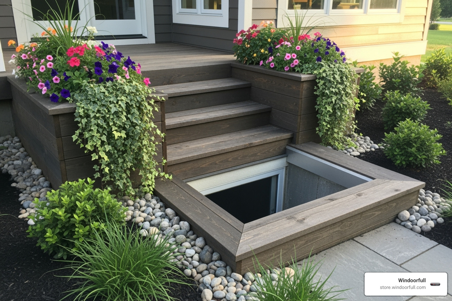 custom-built wood egress well with integrated steps and planters - wood egress window well