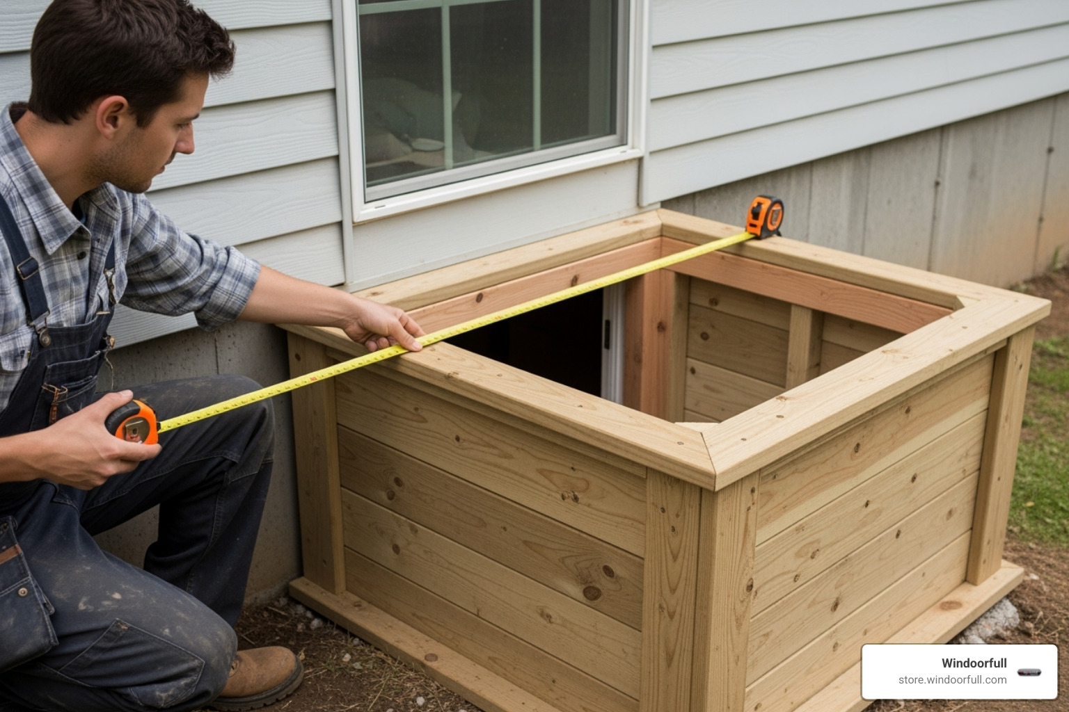 person measuring a wood well for a cover - wood egress window well