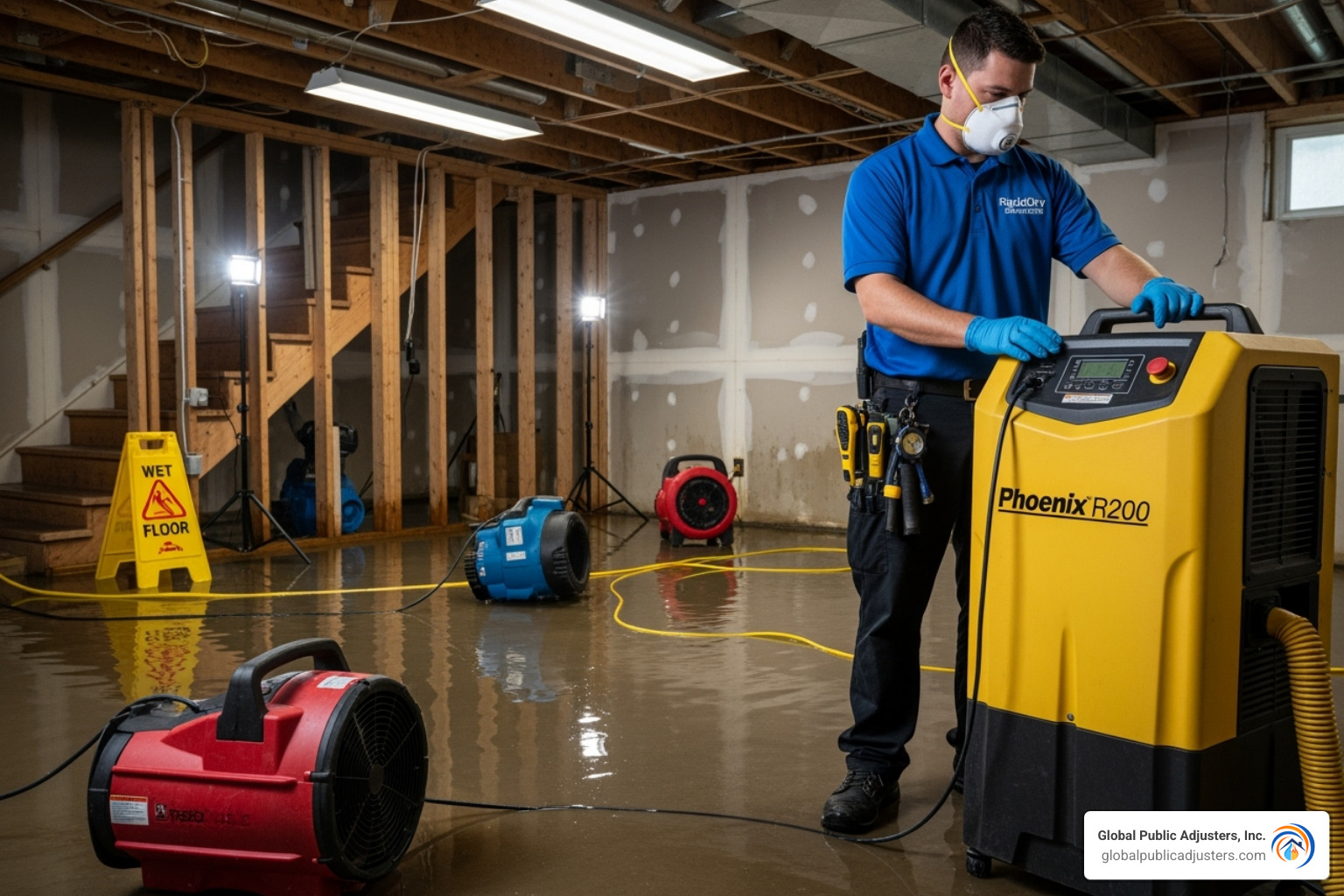 certified restoration technician with specialized equipment - water damage restoration contractor near me