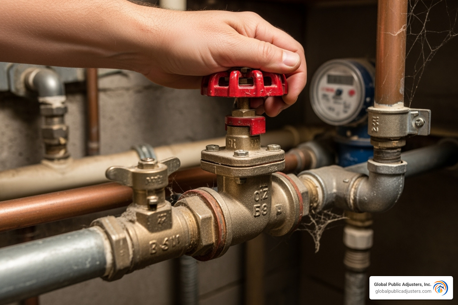 person shutting off main water valve - water damage restoration contractor near me