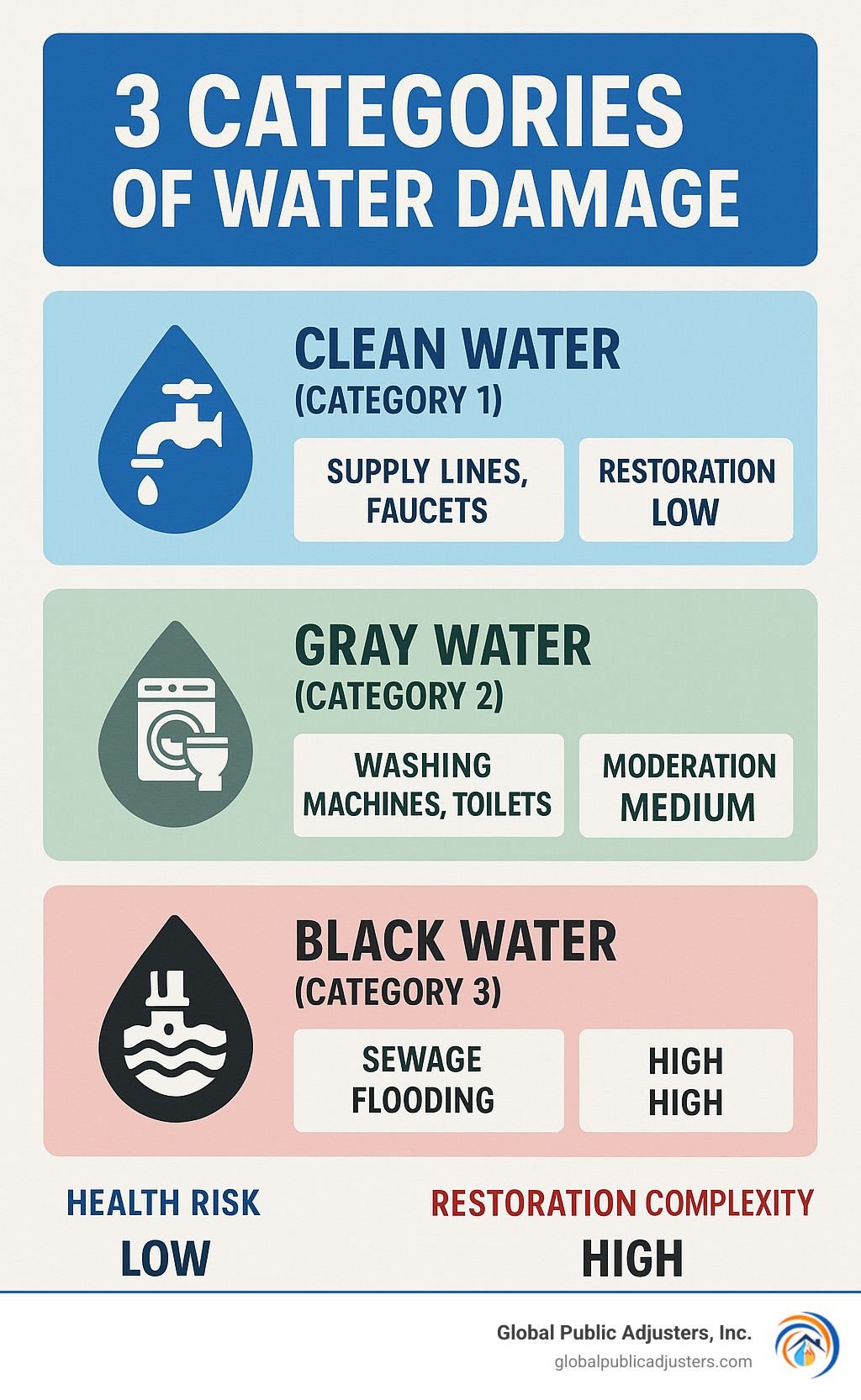 Infographic showing the three categories of water damage: Clean Water (Category 1) from supply lines and faucets, Gray Water (Category 2) from washing machines and toilets, and Black Water (Category 3) from sewage and flooding, with corresponding health risks and restoration complexity levels - water damage restoration contractor near me infographic 