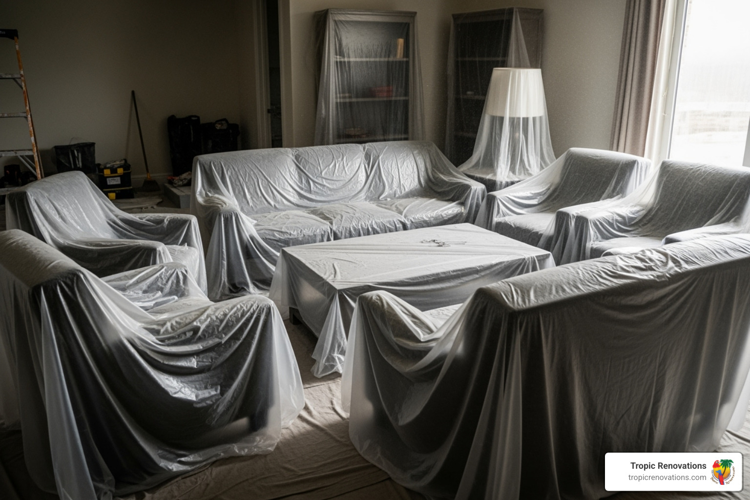furniture covered in protective plastic sheeting - Dust free remodeling? furniture covered in protective plastic sheeting - Dust free remodeling?