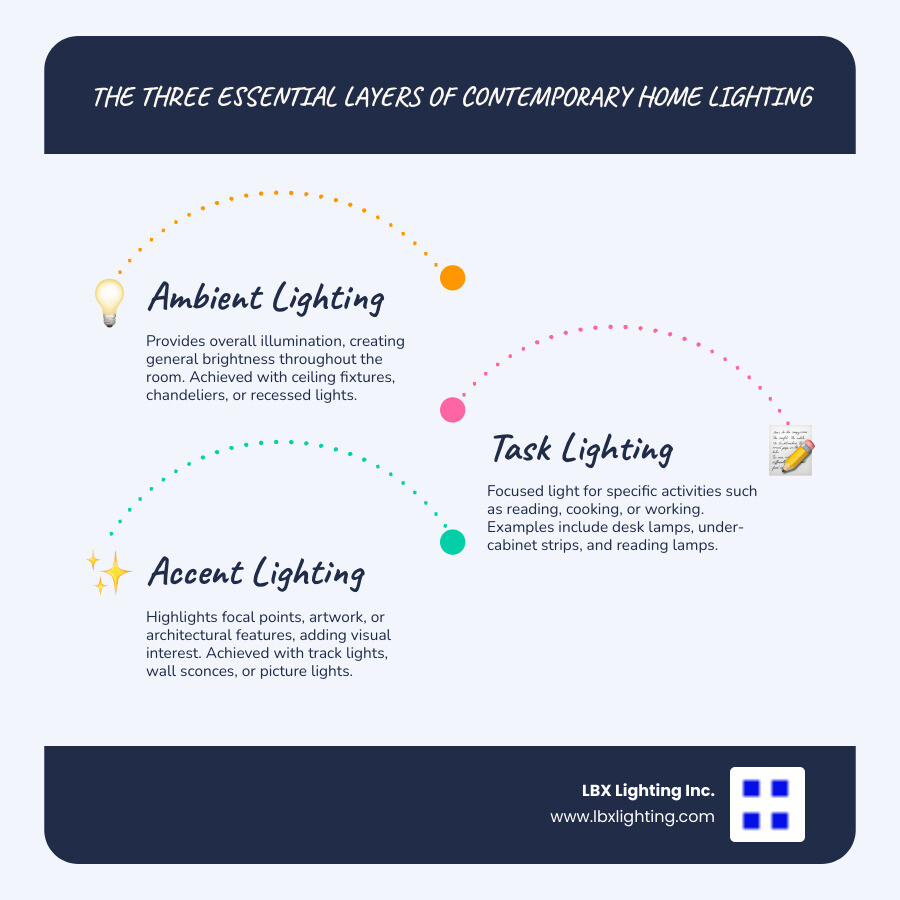 Infographic showing the three essential layers of contemporary home lighting: ambient lighting providing overall room illumination through ceiling fixtures and chandeliers, task lighting offering focused light for specific activities like reading or cooking through desk lamps and under-cabinet strips, and accent lighting creating visual interest and highlighting features through track lights and wall sconces - contemporary home lighting ideas infographic infographic-line-3-steps-blues-accent_colors