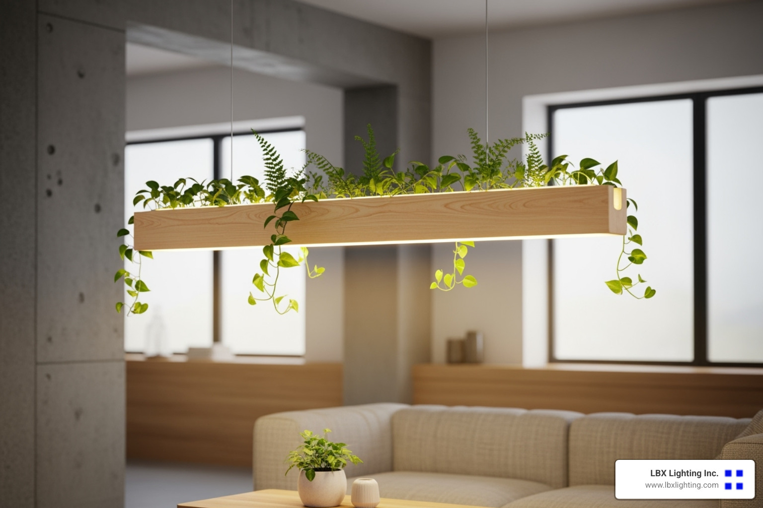 A biophilic light fixture incorporating natural wood and plant elements, demonstrating the emerging trend of bringing nature-inspired design into home lighting - contemporary home lighting ideas