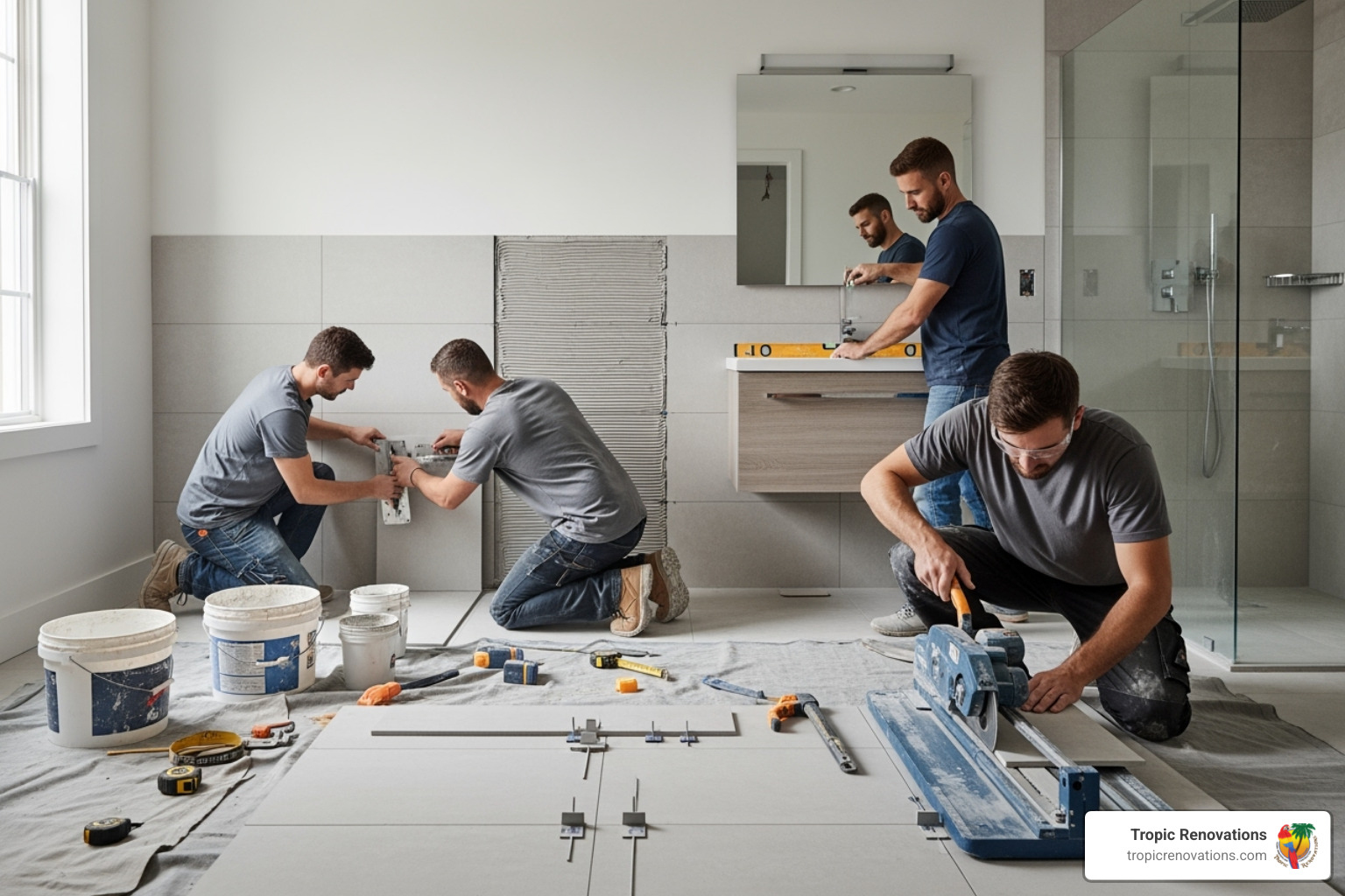 Tropic Renovations team working on a bathroom remodel - Best bathroom tiles?
