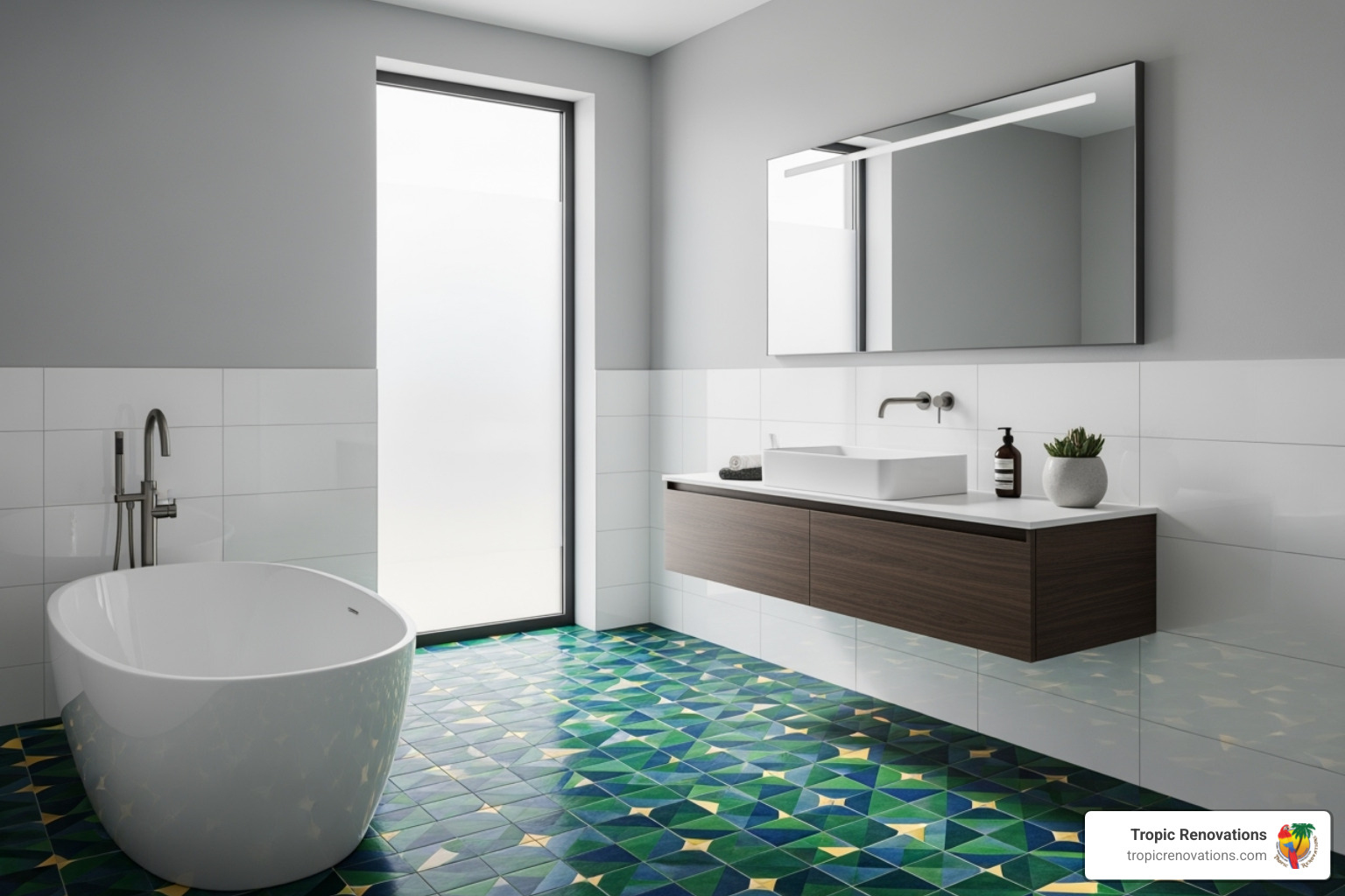 A bathroom with a bold, patterned tile floor - Best bathroom tiles?