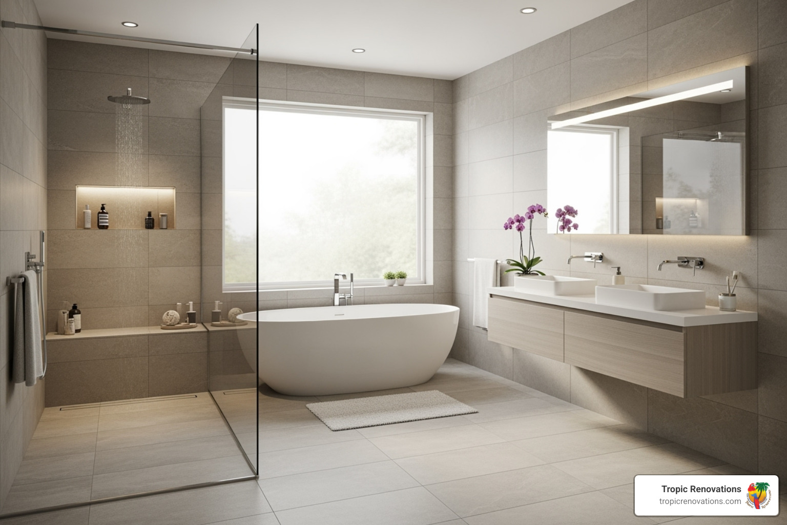 Example of a Tropic Renovations bathroom featuring large-format tiles for a spacious feel - Best bathroom tiles?