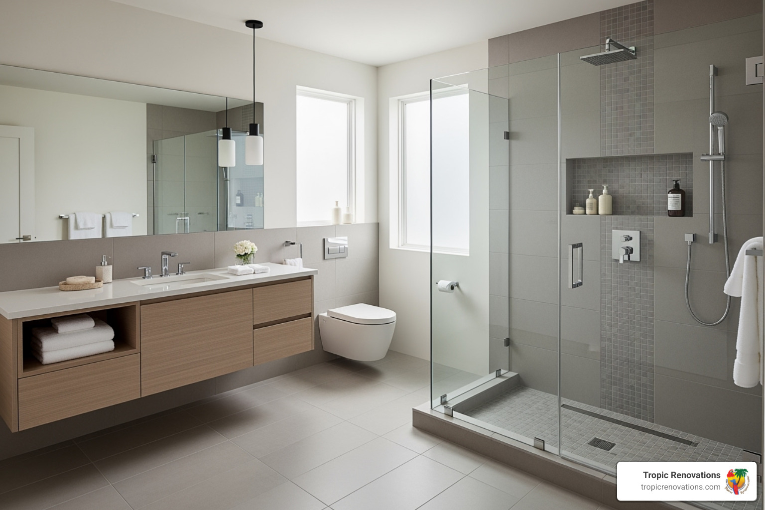 Tropic Renovations tub to walk-in shower conversion showcasing durable and stylish floor tiling - Best bathroom tiles?