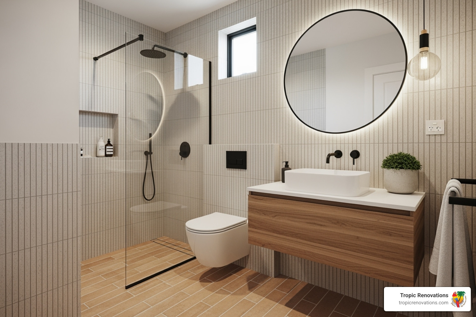 See how a vertical stack bond tile and warm clay floor create a beautiful space in a Tropic Renovations bathroom - Best bathroom tiles?