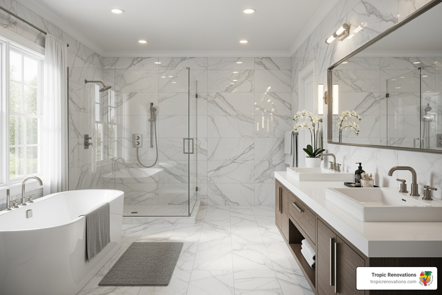 A look at a stunning marble-style porcelain tile in a recent Tropic Renovations master bathroom project - Best bathroom tiles?