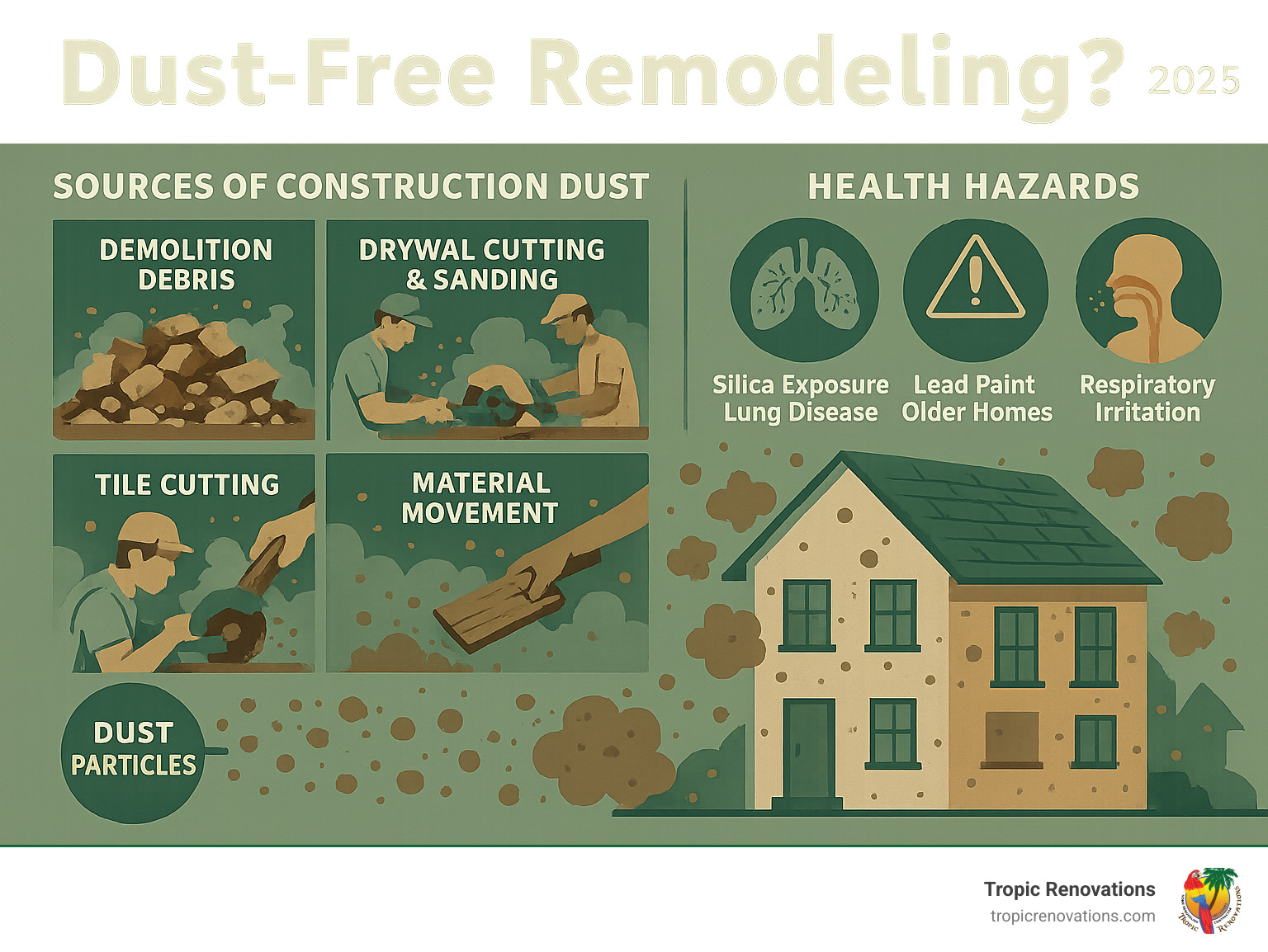 Comprehensive infographic showing the primary sources of construction dust including demolition debris, drywall cutting and sanding, tile cutting, and material movement, alongside health hazards such as silica exposure leading to lung disease, lead paint particles in older homes, and respiratory irritation, with dust particles illustrated as microscopic threats spreading throughout a home - Dust free remodeling? infographic Comprehensive infographic showing the primary sources of construction dust including demolition debris, drywall cutting and sanding, tile cutting, and material movement, alongside health hazards such as silica exposure leading to lung disease, lead paint particles in older homes, and respiratory irritation, with dust particles illustrated as microscopic threats spreading throughout a home - Dust free remodeling? infographic
