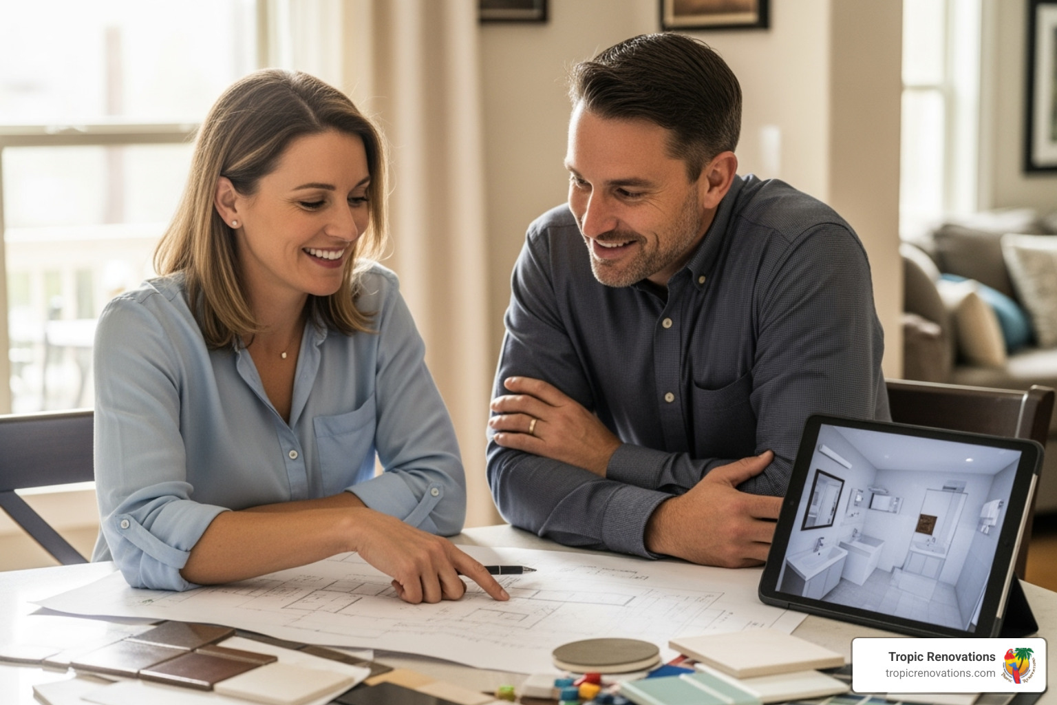 homeowner happily reviewing plans with a contractor - How long bathroom remodel? homeowner happily reviewing plans with a contractor - How long bathroom remodel?