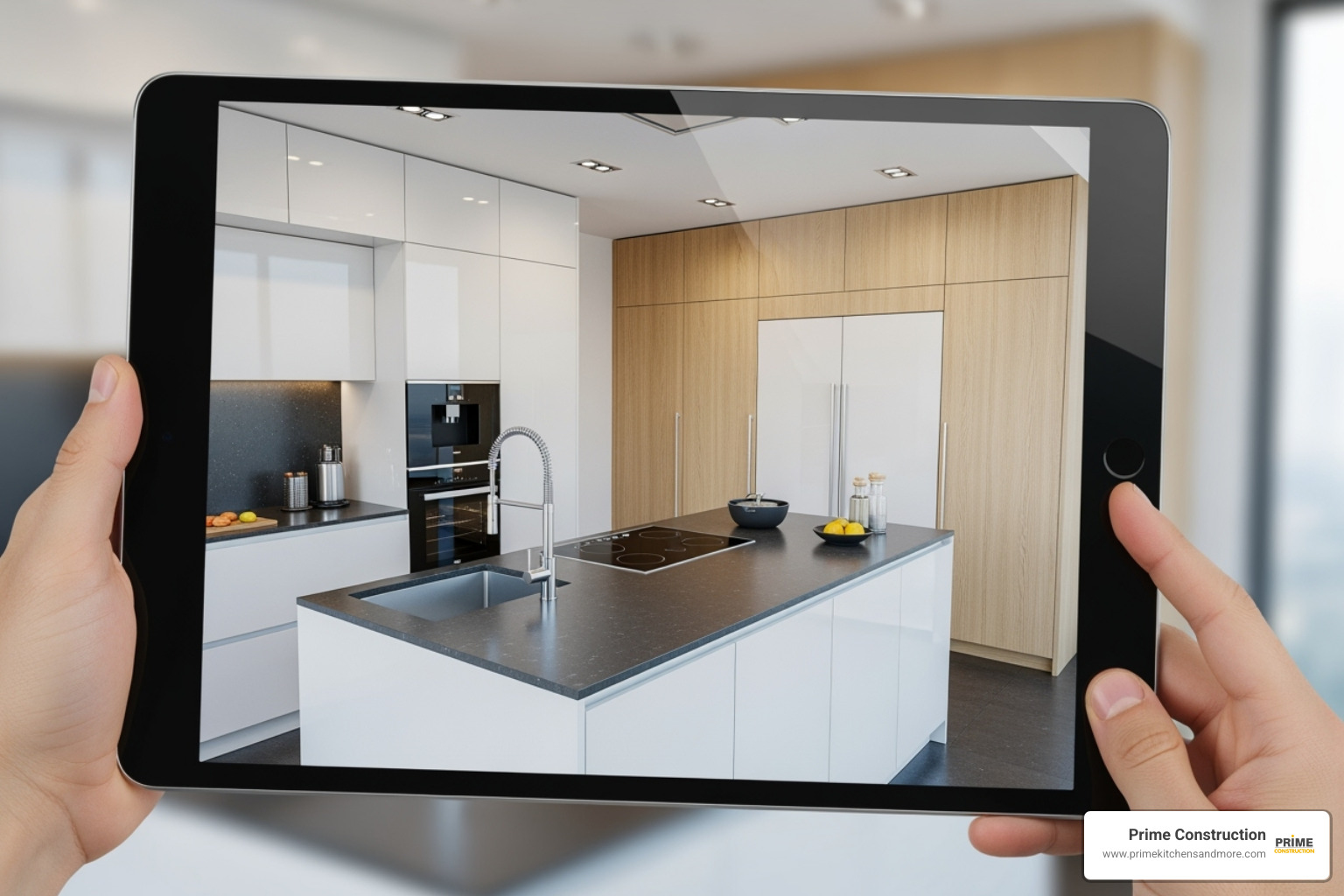 3D design rendering of a kitchen on a tablet - remodel contractors