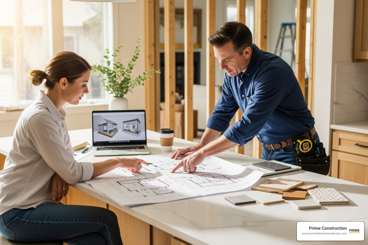 homeowner reviewing blueprints with a contractor - remodel contractors