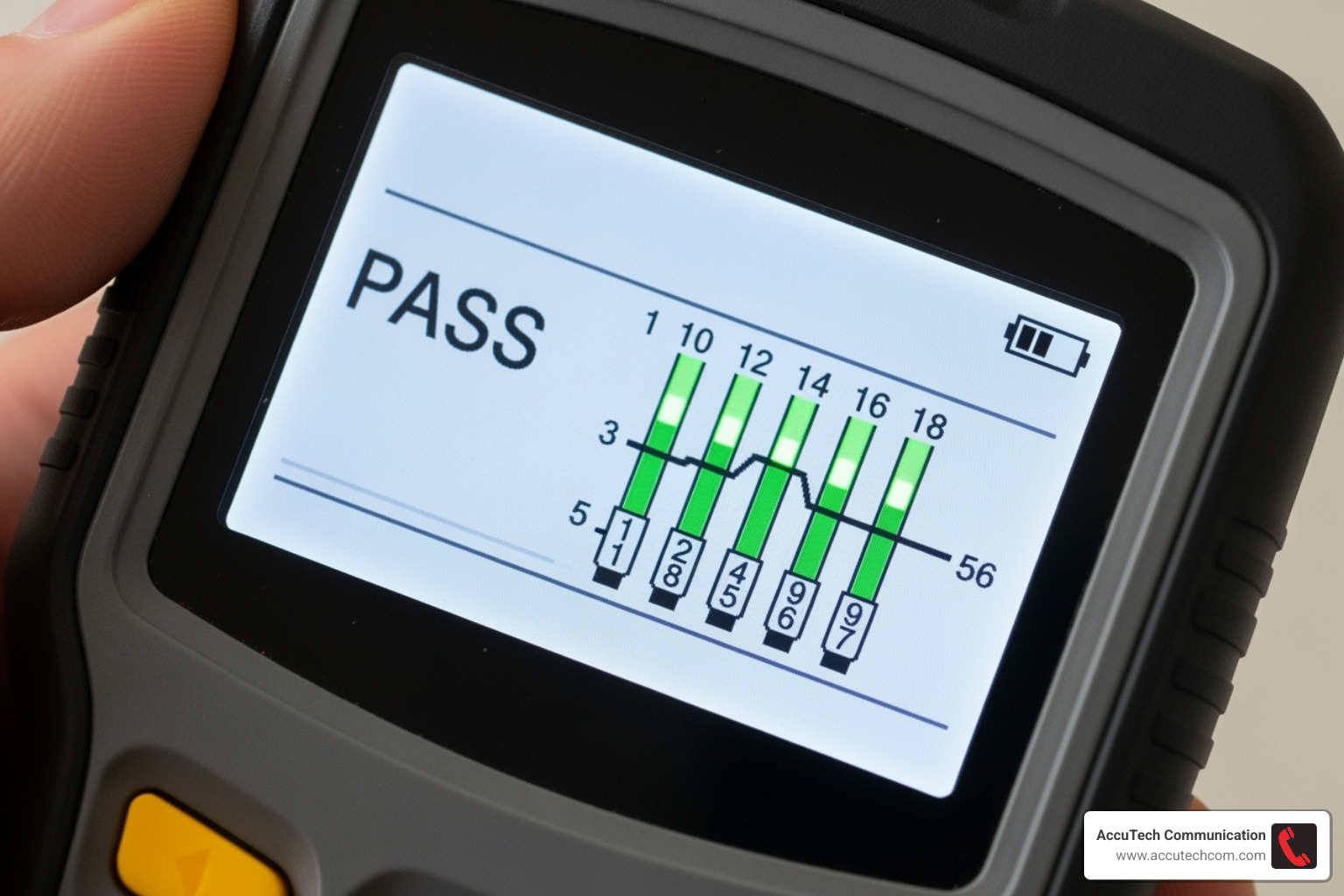 LAN tester screen showing a "Pass" result and wiremap, indicating all pairs are correctly connected and the cable is functioning as expected - lan cable tester
