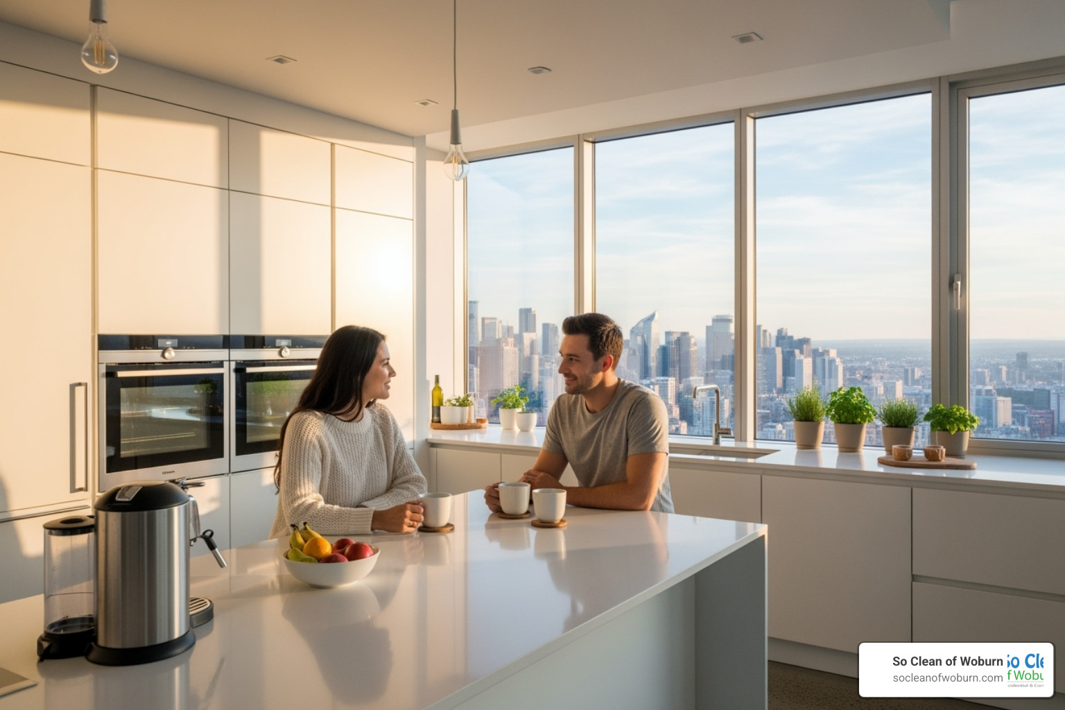 A couple enjoying coffee in their impeccably clean kitchen with a view of the city - condo cleaning services