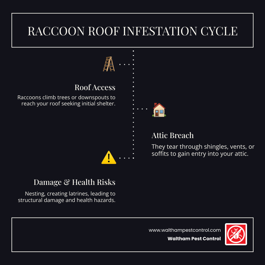 Infographic showing the progression of raccoon roof infestation: raccoons climbing trees or downspouts to access roof, then tearing through shingles and vents to enter attic, followed by nesting and creating latrines, ultimately leading to structural damage and health hazards - get rid of raccoons on roof infographic infographic-line-3-steps-dark