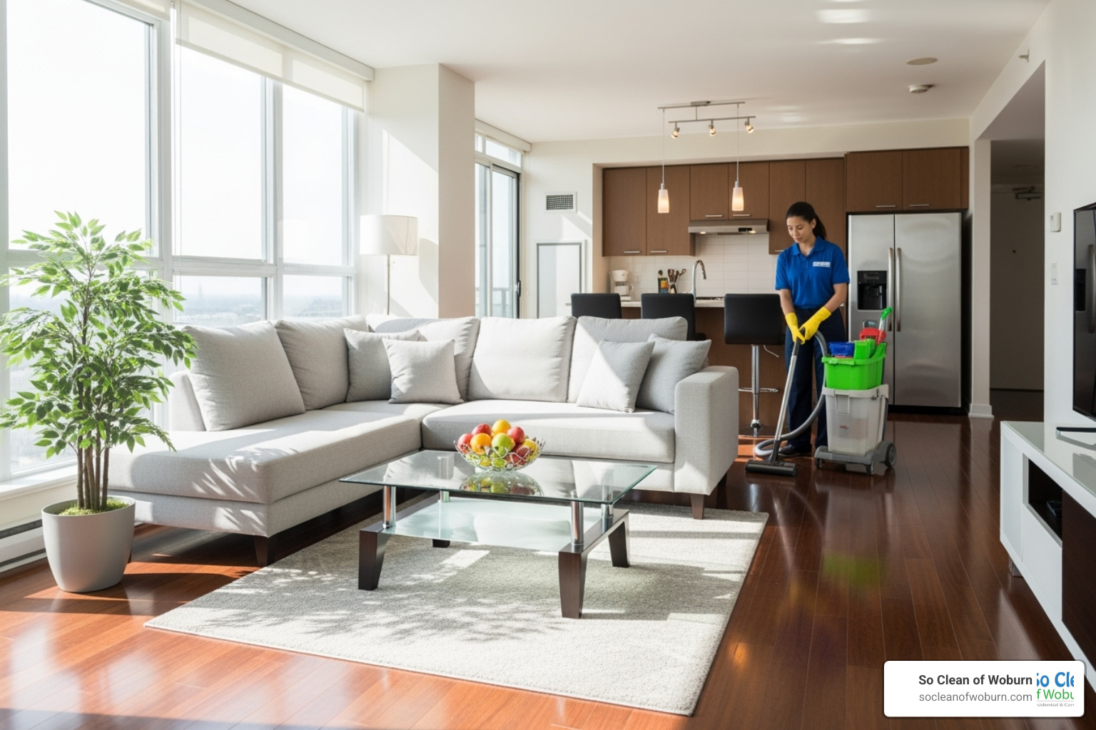A person smiling while reading positive online reviews on a tablet - condo cleaning services