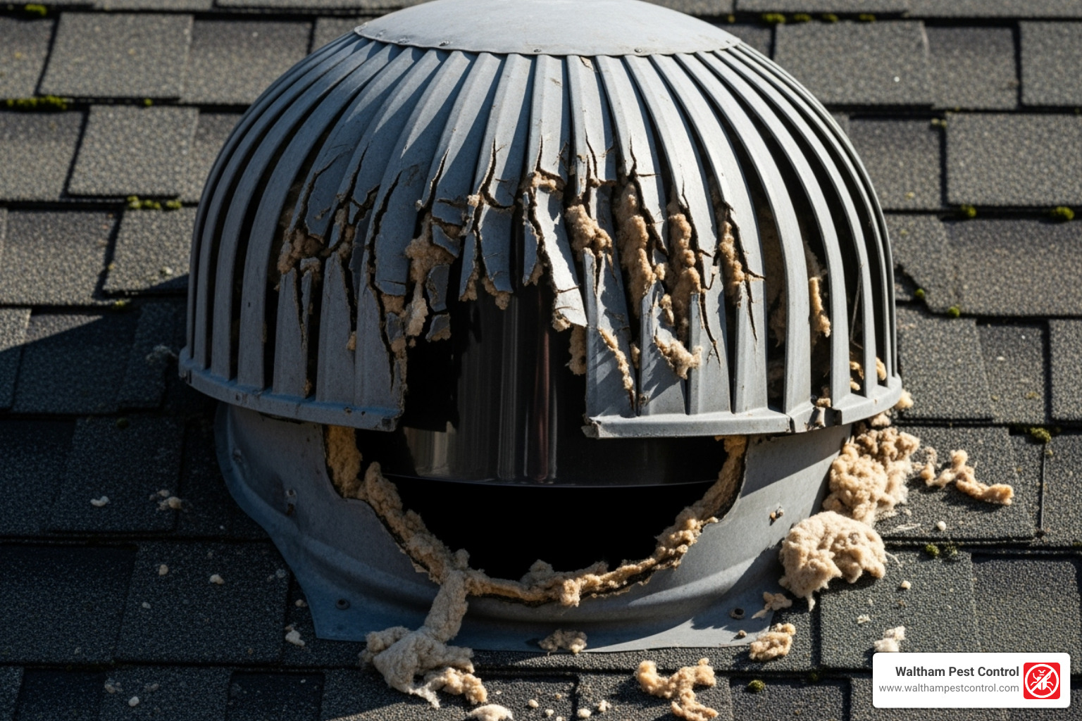 raccoon-damaged roof vent leading into an attic - get rid of raccoons on roof