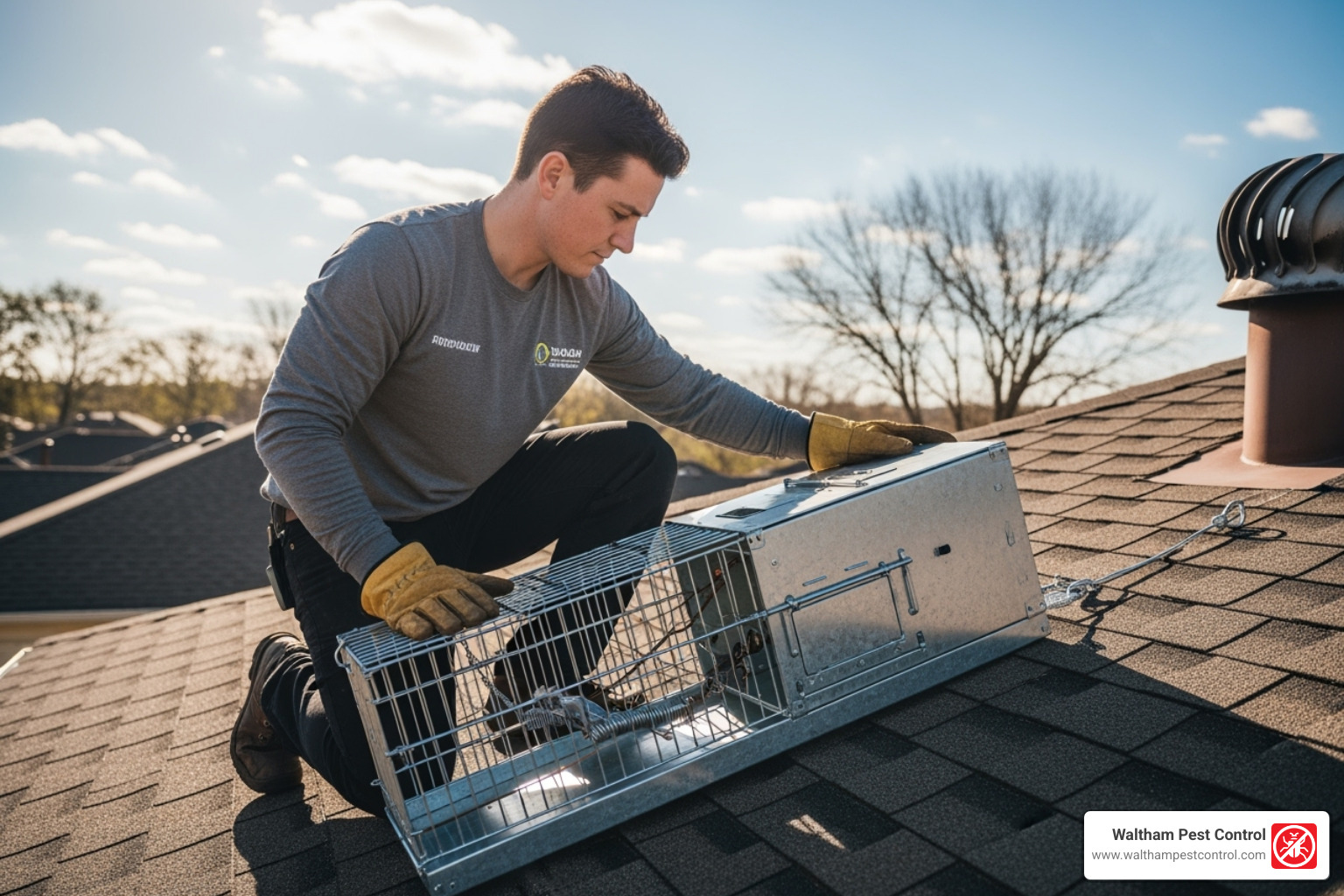 professional setting a humane trap on a roof - get rid of raccoons on roof