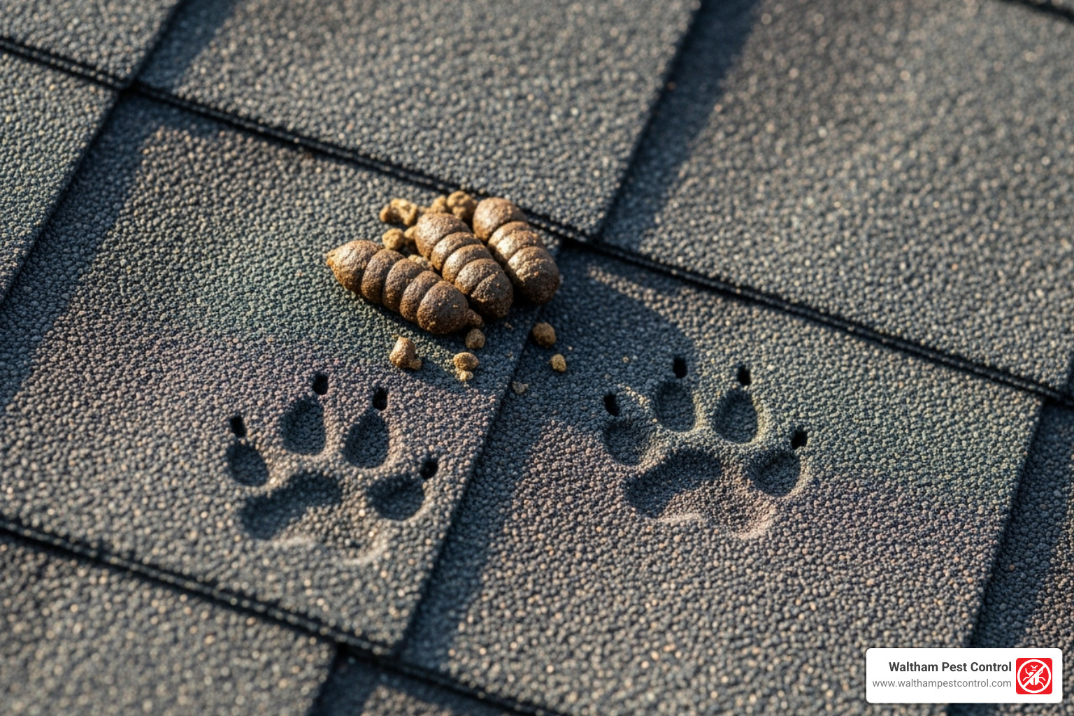 raccoon droppings and tracks on a shingled roof - get rid of raccoons on roof