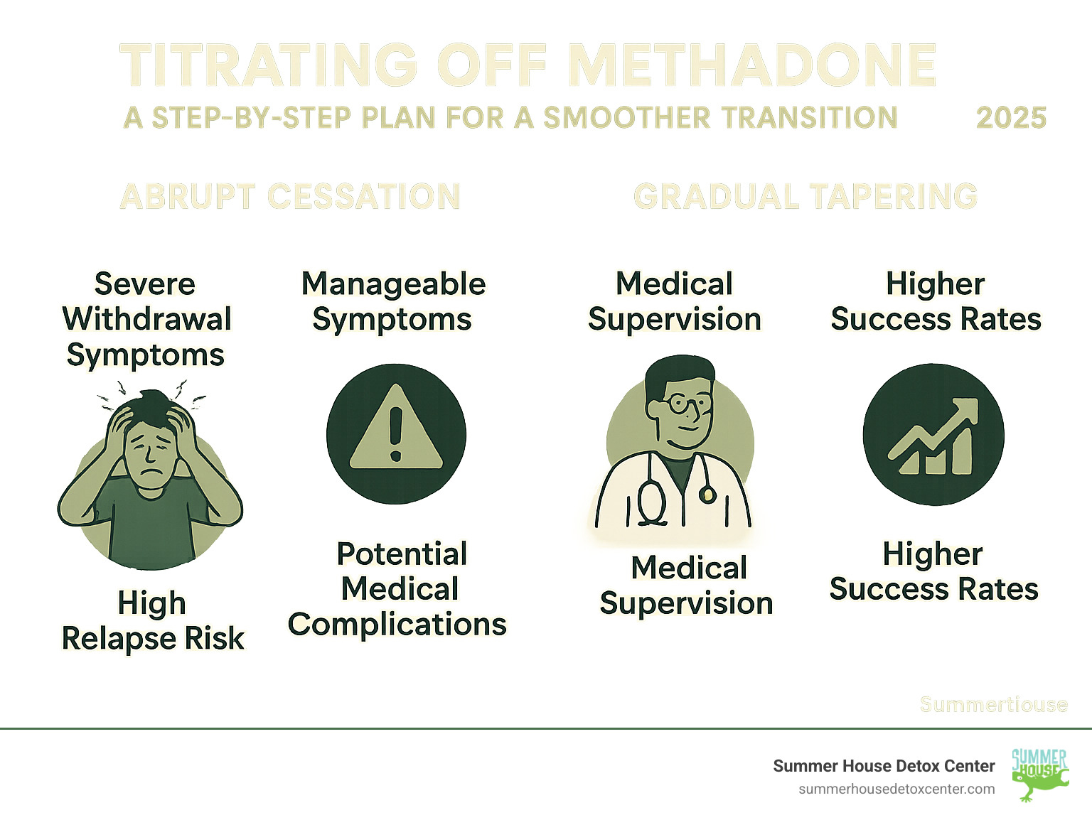 Infographic showing comparison between abrupt methadone cessation (showing severe withdrawal symptoms, high relapse risk, and potential medical complications) versus gradual tapering (showing manageable symptoms, medical supervision, and higher success rates) - titrating off methadone infographic 