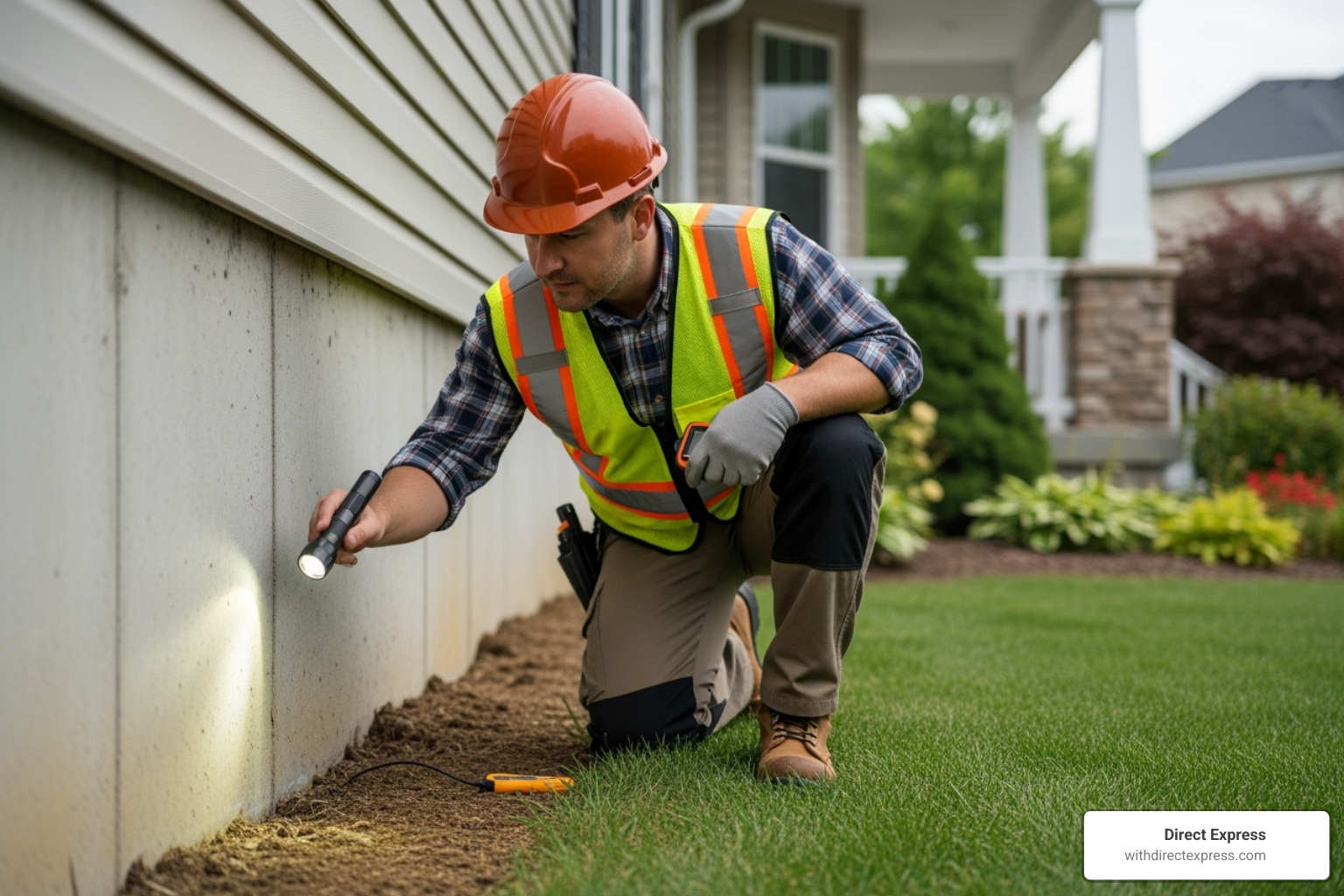 home inspector examining a foundation - how to buy foreclosure