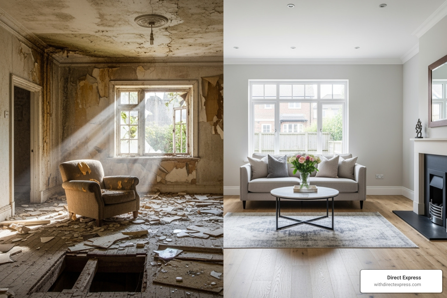 dilapidated house interior contrasted with a beautifully renovated one - how to buy foreclosure