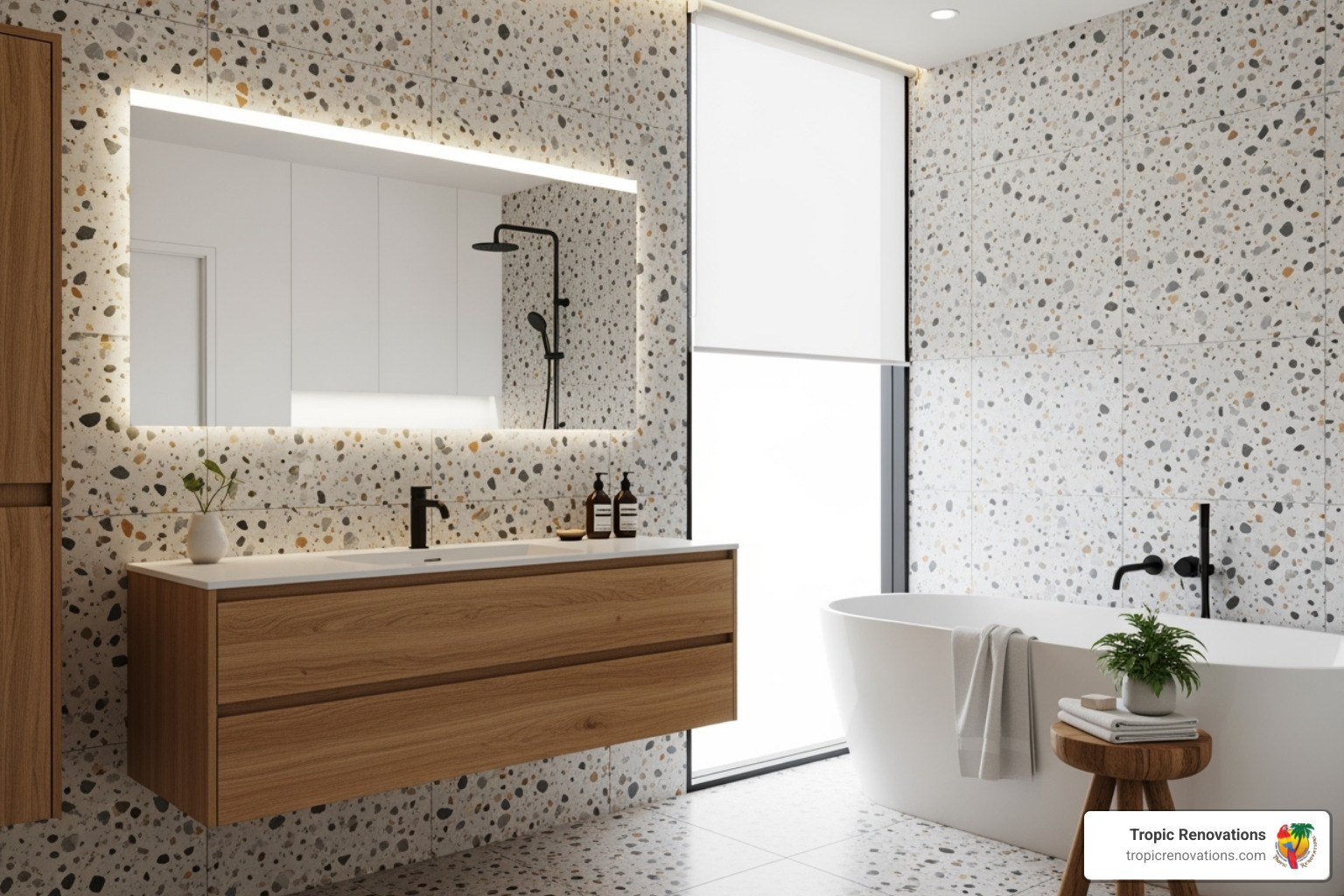 bathroom featuring trendy materials like a wood vanity and terrazzo tile - Bathroom remodel ideas? bathroom featuring trendy materials like a wood vanity and terrazzo tile - Bathroom remodel ideas?