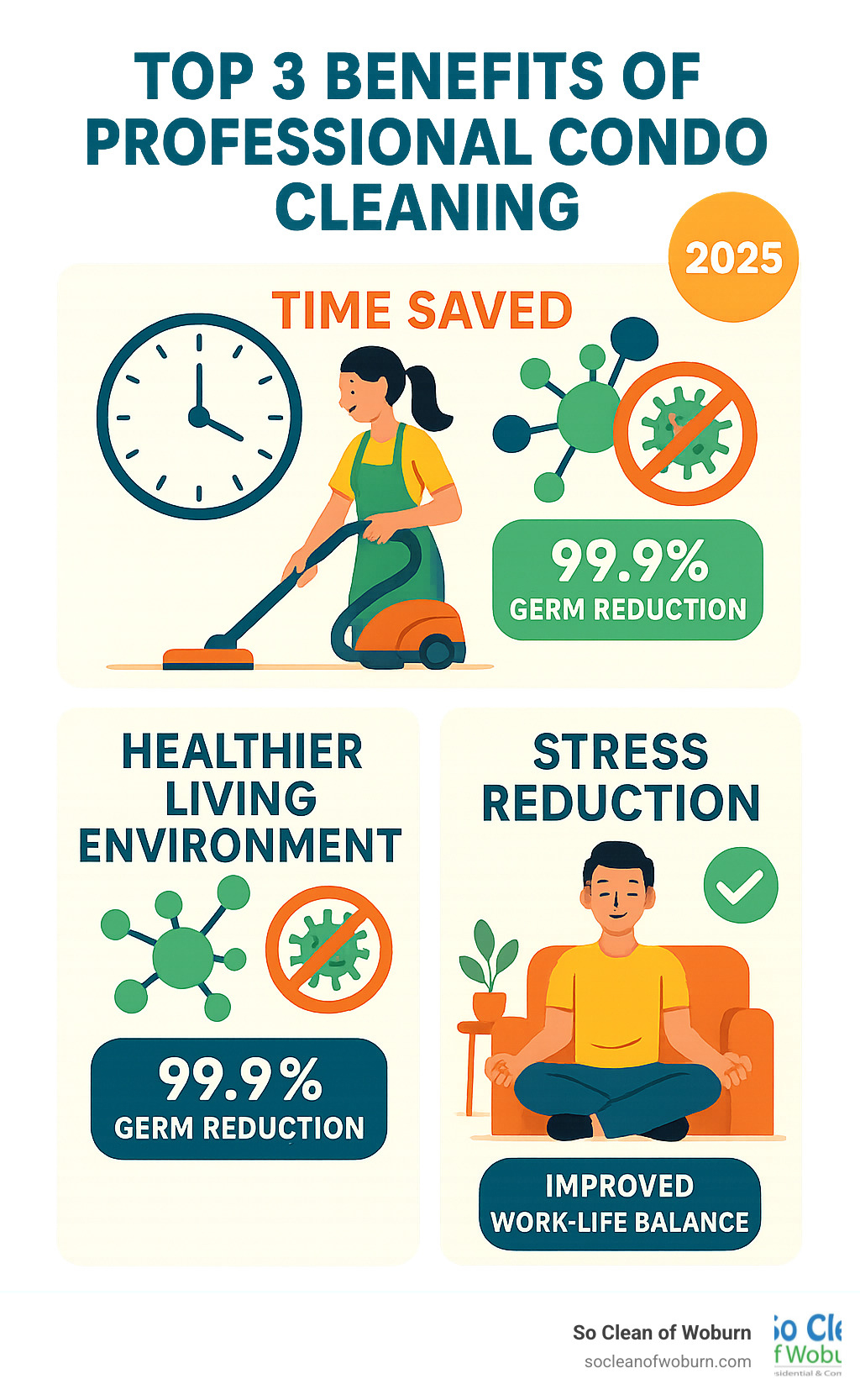 Infographic showing the top 3 benefits of professional condo cleaning: time saved (15-20 hours per month), healthier living environment (99.9% germ reduction), and stress reduction (improved work-life balance with clean, organized spaces) - condo cleaning services infographic 