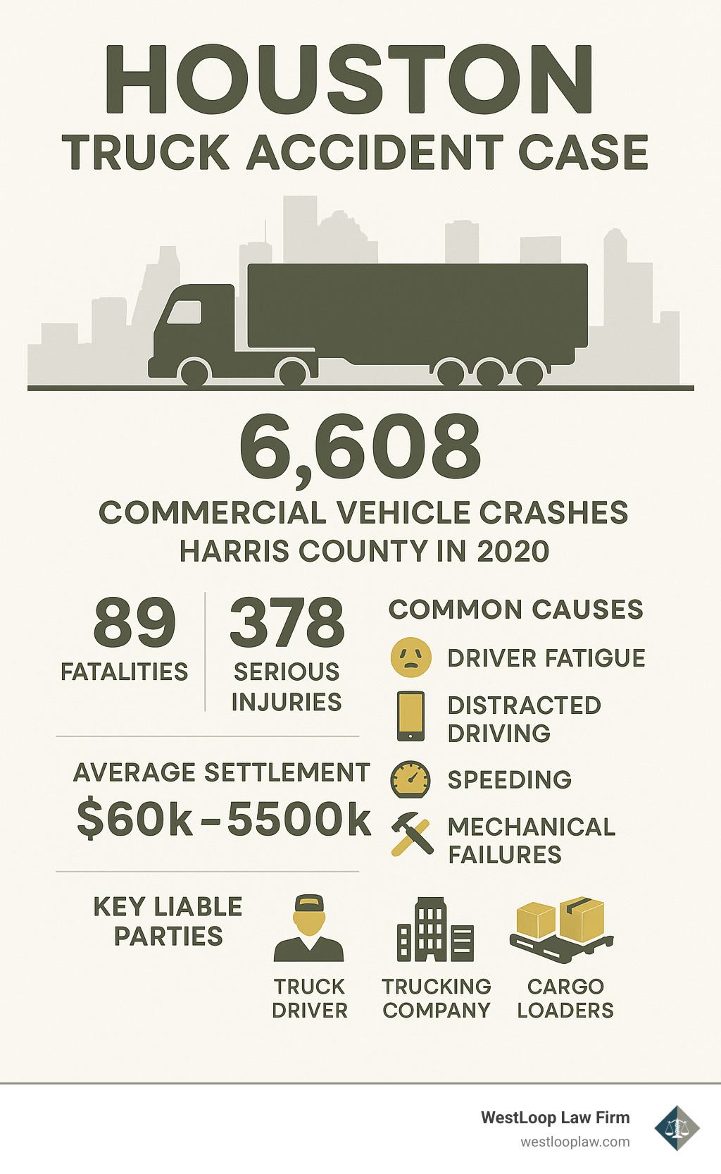 Infographic showing Houston truck accident statistics: 6,608 commercial vehicle crashes in Harris County in 2020, 89 fatalities, 378 serious injuries, with breakdown of common causes including driver fatigue, distracted driving, speeding, and mechanical failures, plus average settlement ranges and key liable parties - houston truck accident case infographic 